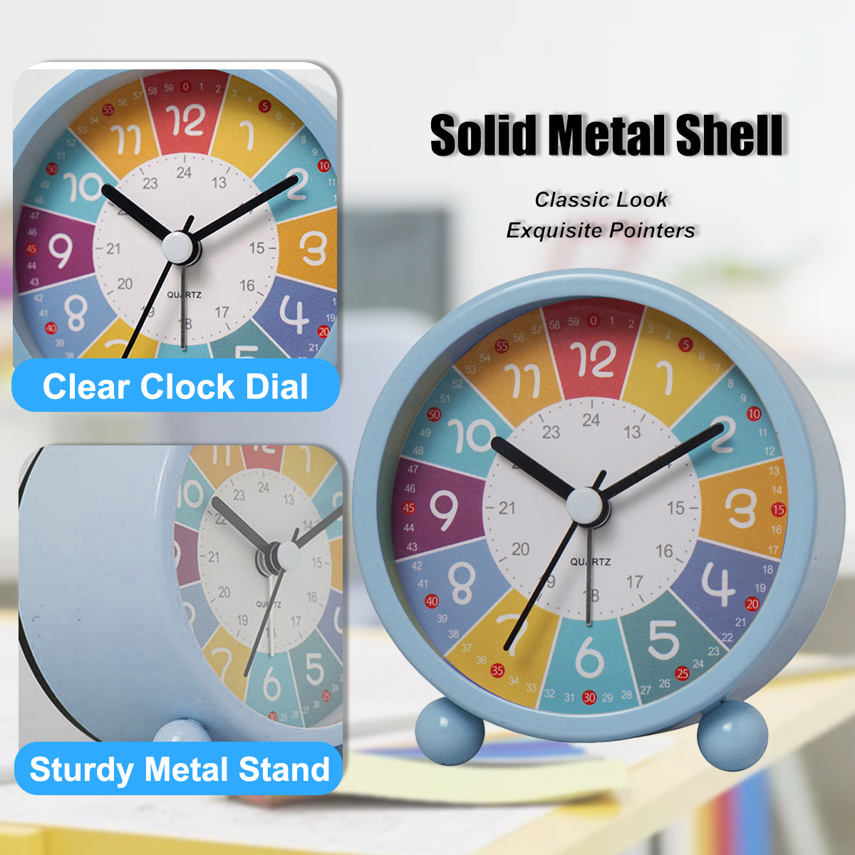 Blaue Uhr mit farbenfrohem Zifferblatt und stabilem Metallständer. Text: 'Solid Metal Shell'.