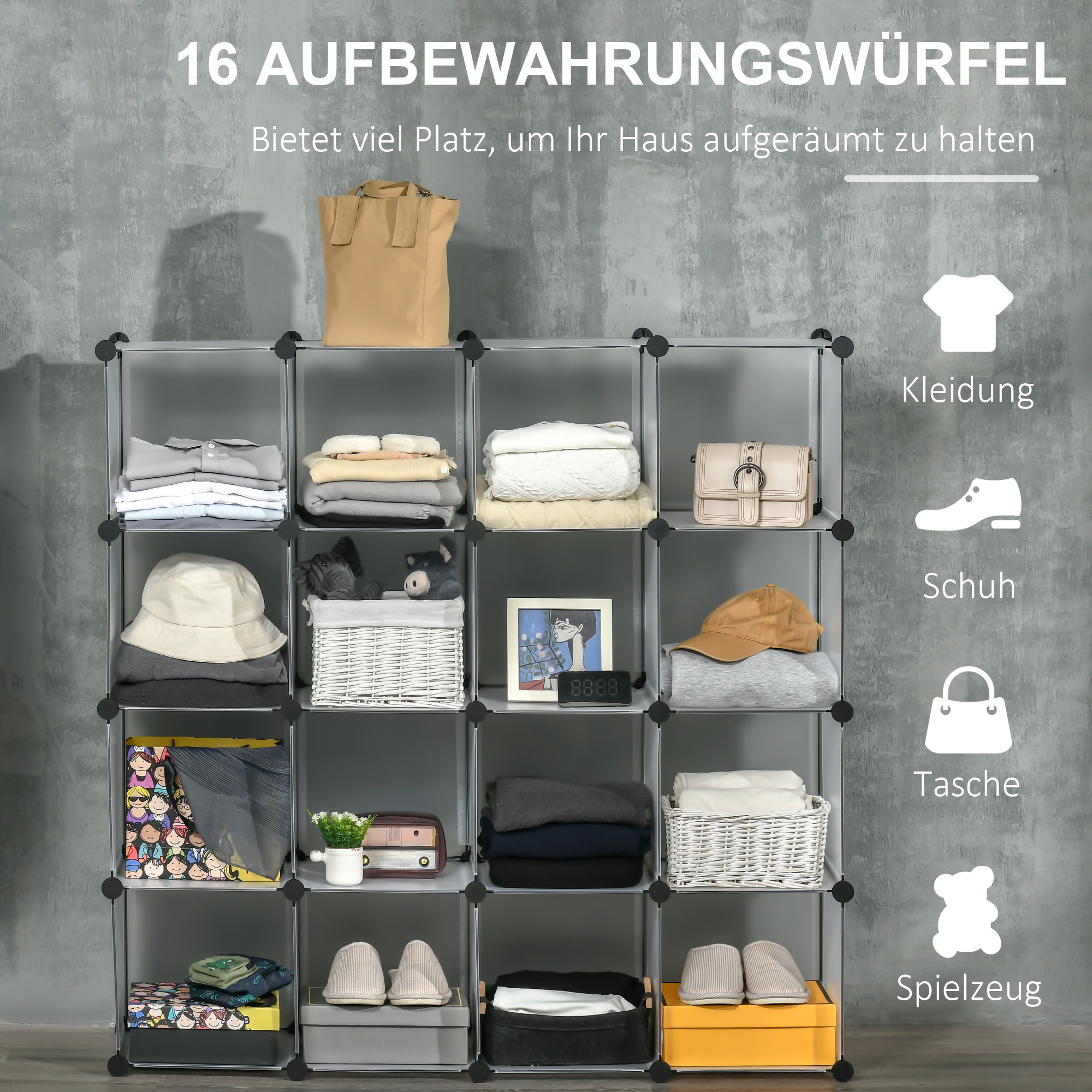 Ein grauer Aufbewahrungsorganisator mit Kleidung, Schuhen und anderen Gegenständen in den Würfeln.