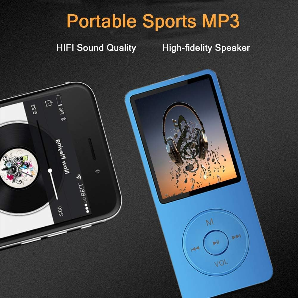 Ein blauer MP3-Player neben einem schwarzen Telefon. Der Player hat Tasten und einen Bildschirm.