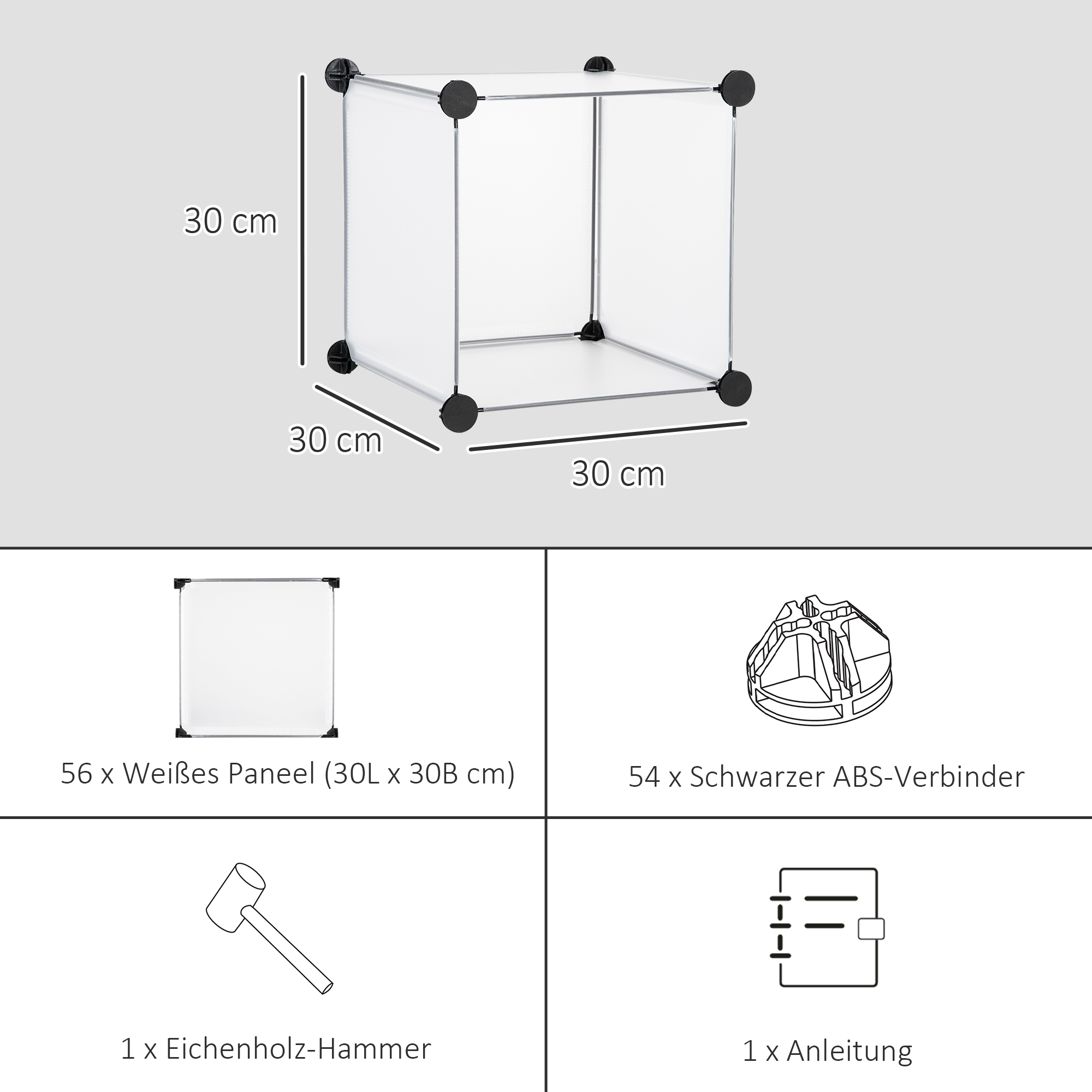 Ein weißer Würfel mit schwarzen Verbindern. Darunter Details der Teile: Paneele, Verbinder, Hammer und Anleitung.