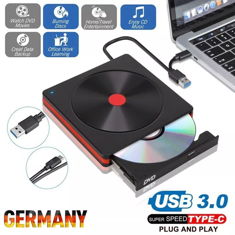 Schwarzes und rotes externes DVD-Laufwerk mit USB-Kabel und Symbolen. Wort DEUTSCHLAND sichtbar.