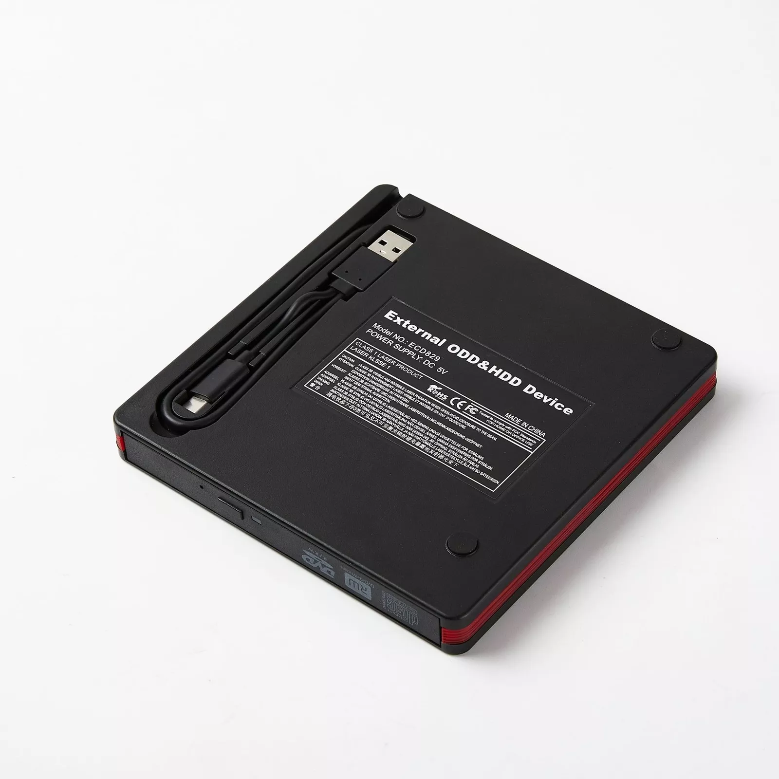 Schwarzes externes ODD/HDD-Gerät. USB-Kabel ist eingesteckt.