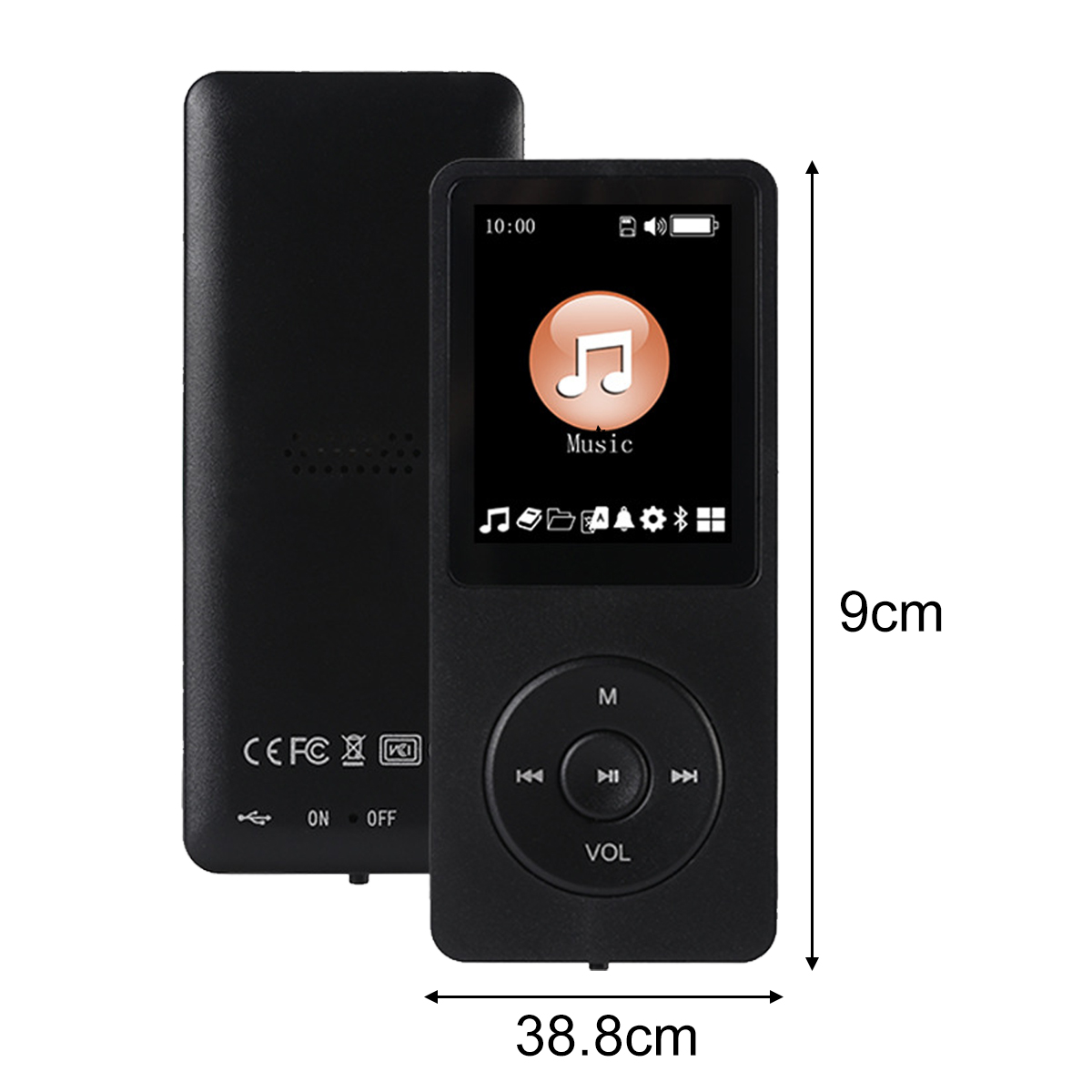 Schwarzer MP3-Player mit Bildschirm, der ein Musiksymbol anzeigt. Abmessungen: 9cm x 38,8cm, mit Lautstärke- und Steuertasten.