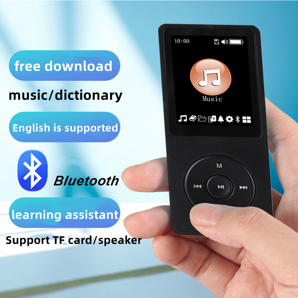 Schwarzer MP3-Player mit Bildschirm und Knöpfen. Auf der Seite steht 'kostenloser Download' und 'Bluetooth'.
