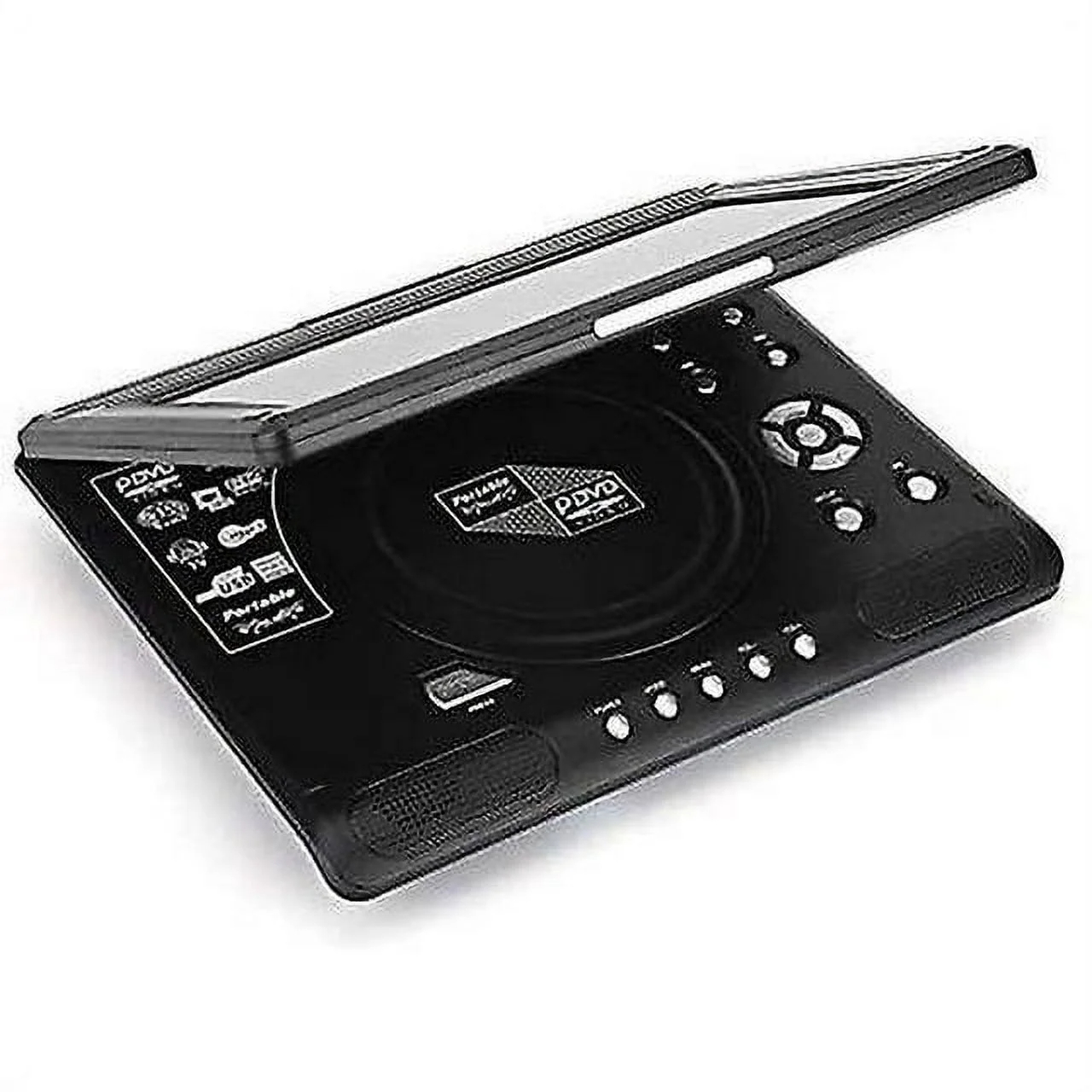 Schwarzer tragbarer DVD-Player, offen, schräge Ansicht.