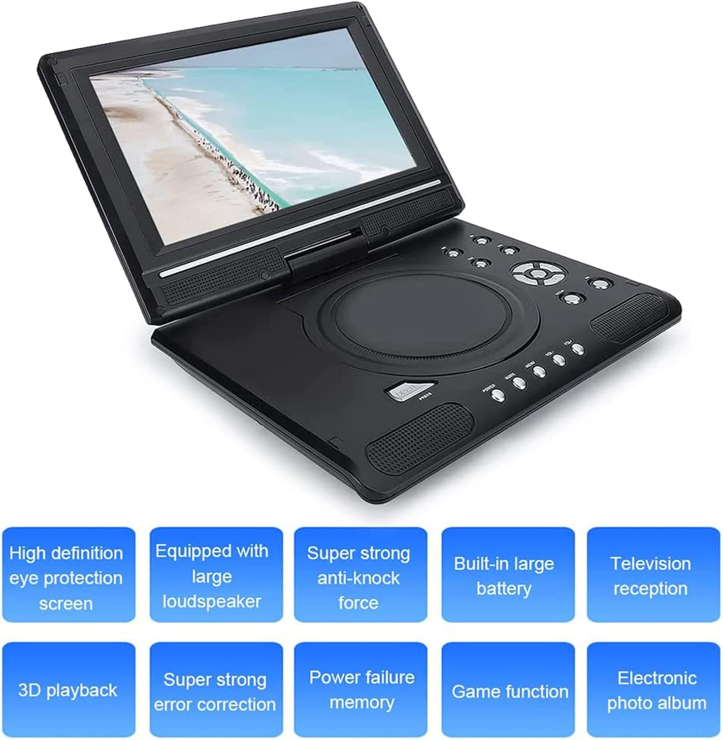 Ein schwarzer tragbarer DVD-Player, geöffnet und mit Bildschirm. Unter dem Bildschirm sind Tasten.
