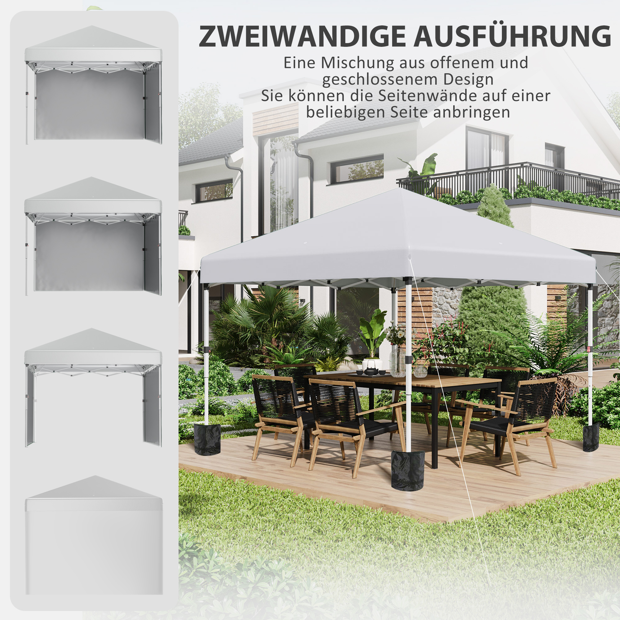 Ein weißer Pavillon mit unterschiedlichen Seitenwandkonfigurationen. Ein Tisch und Stühle sind aufgestellt.