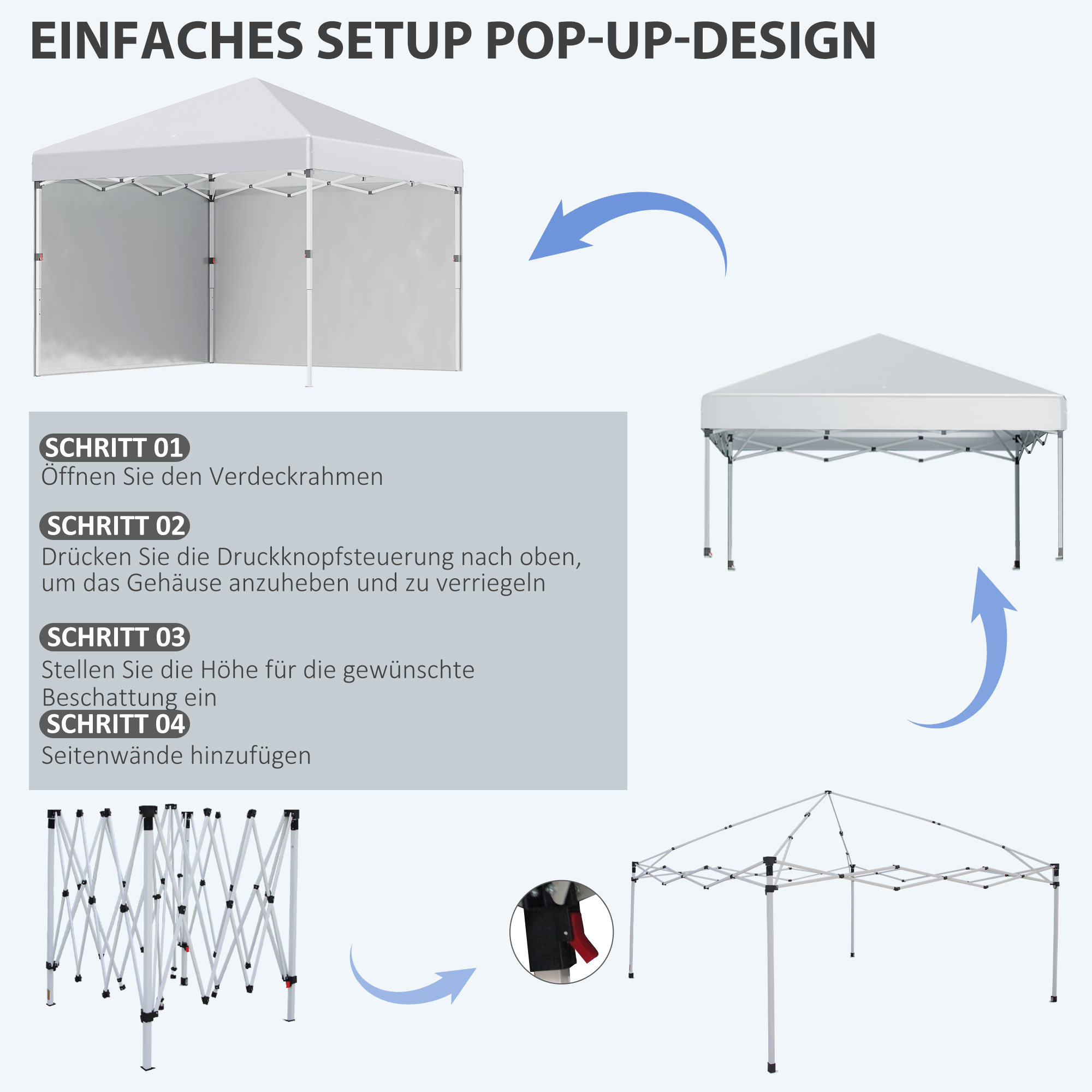 Schritte zur Einrichtung eines weißen Pop-up-Zeltes, mit Pfeilen, die die Montagephasen anzeigen.