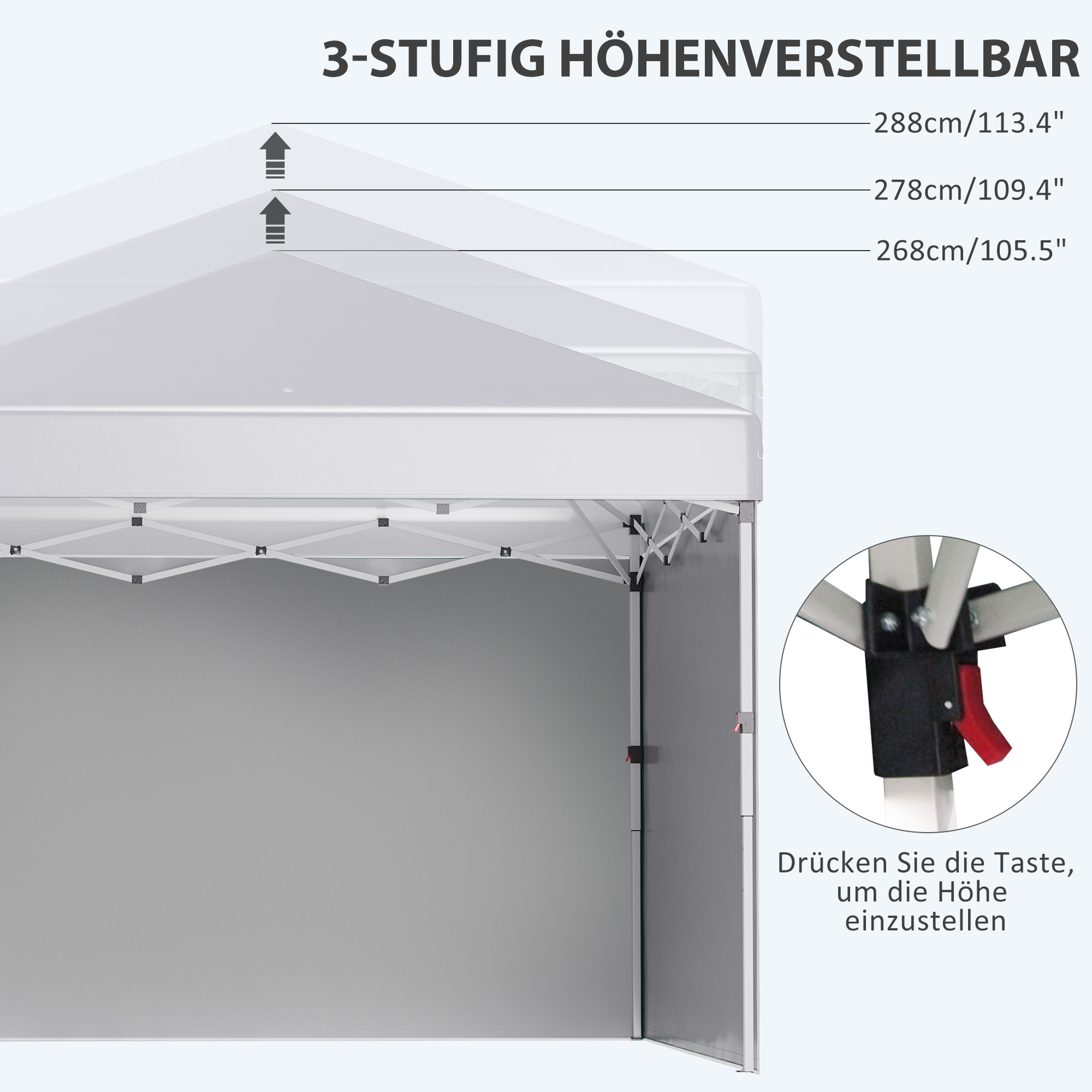 Ein grau-weißes Zelt mit einstellbaren Höheneinstellungen und einem Bedienfeld.