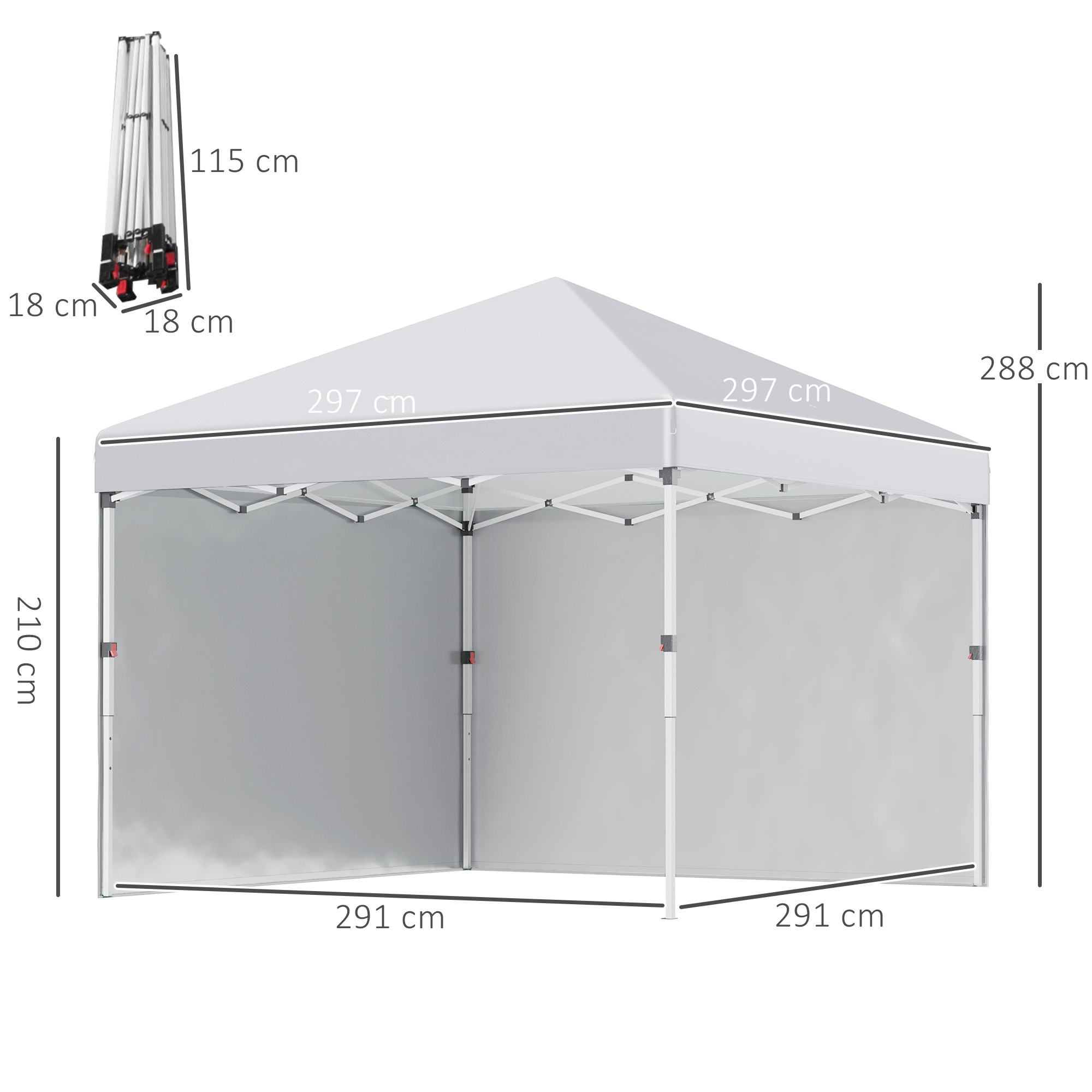 Ein weißes Pop-up-Zelt mit beschrifteten Abmessungen. Zelt steht auf heller Oberfläche. Gefaltetes Zelt in der Ecke.
