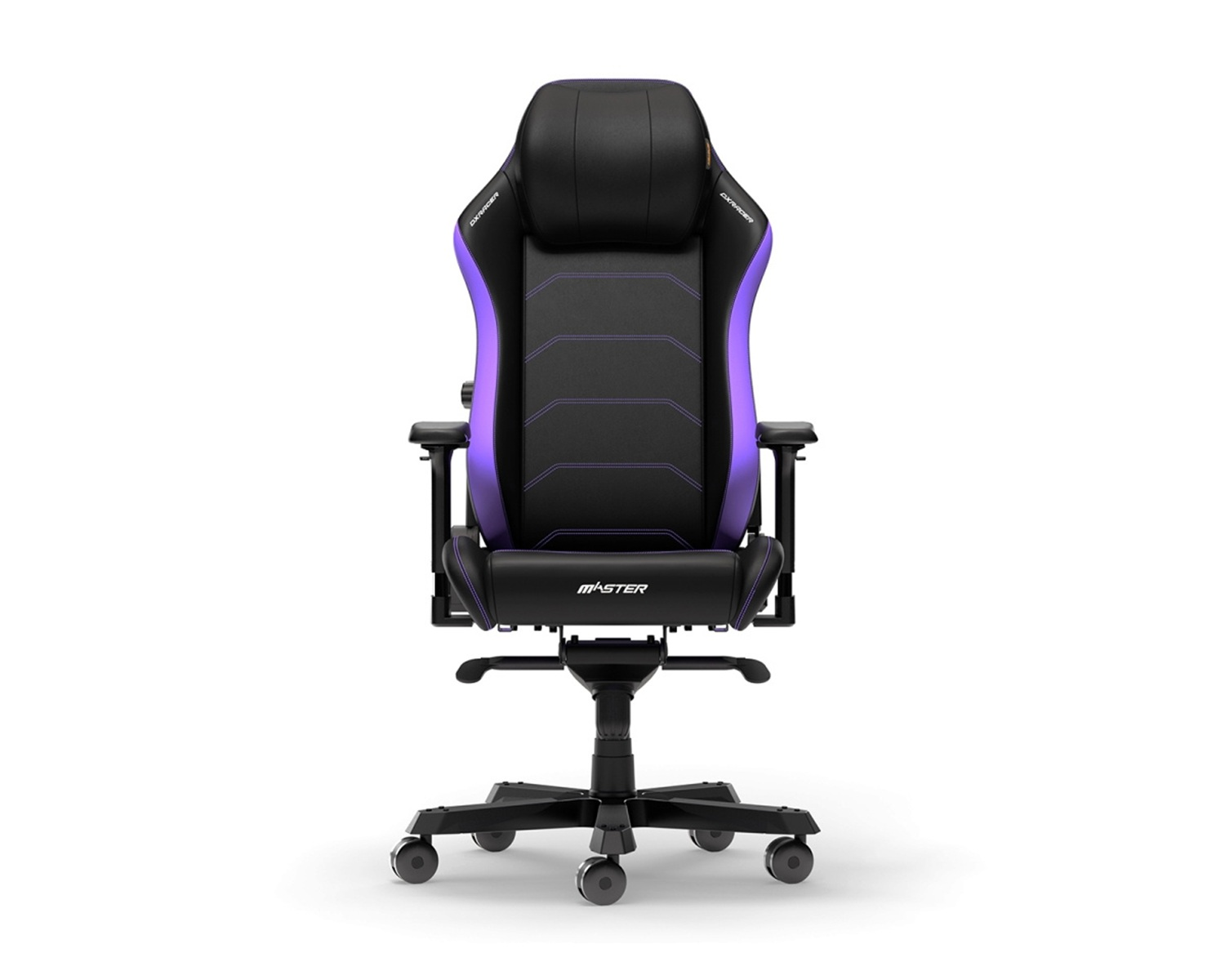 Schwarzer und violetter Gaming-Stuhl. Vorderansicht. Weißer Hintergrund.