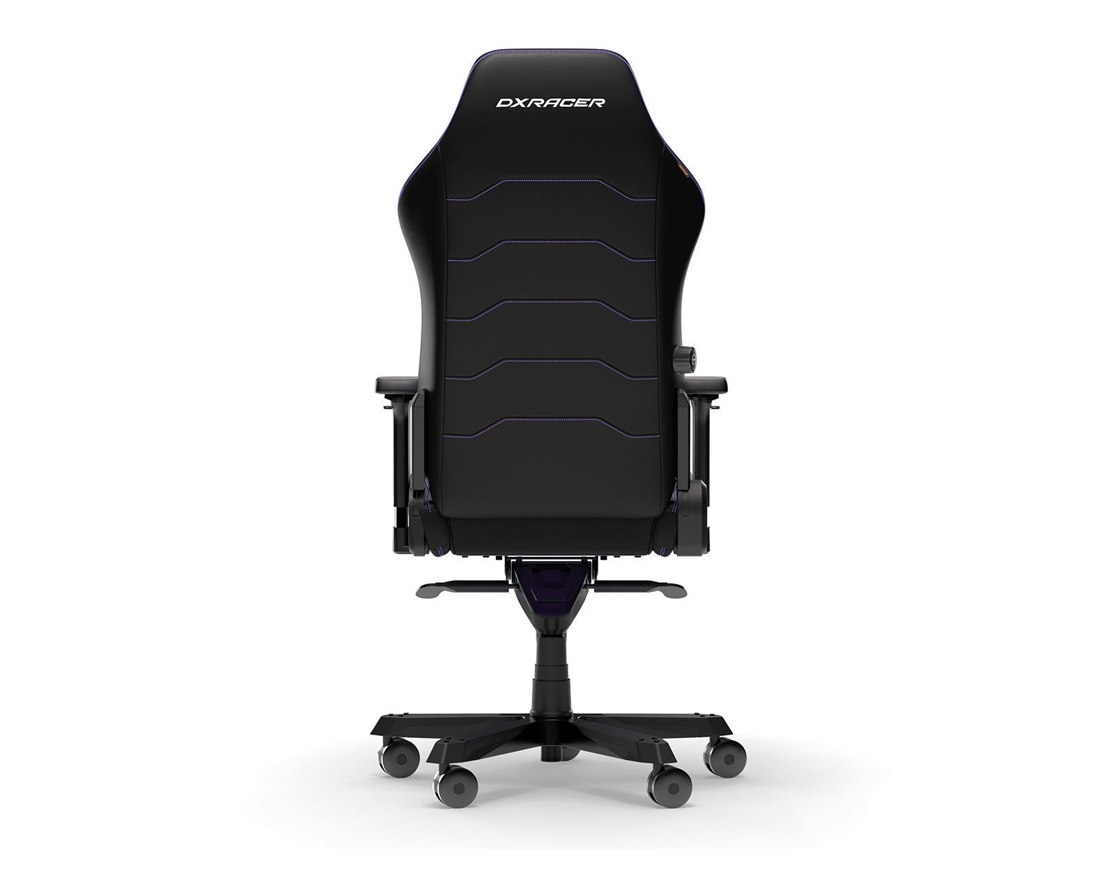 Schwarzer Gaming-Stuhlrücken. Lila Nähte und DXRAcer-Logo oben.