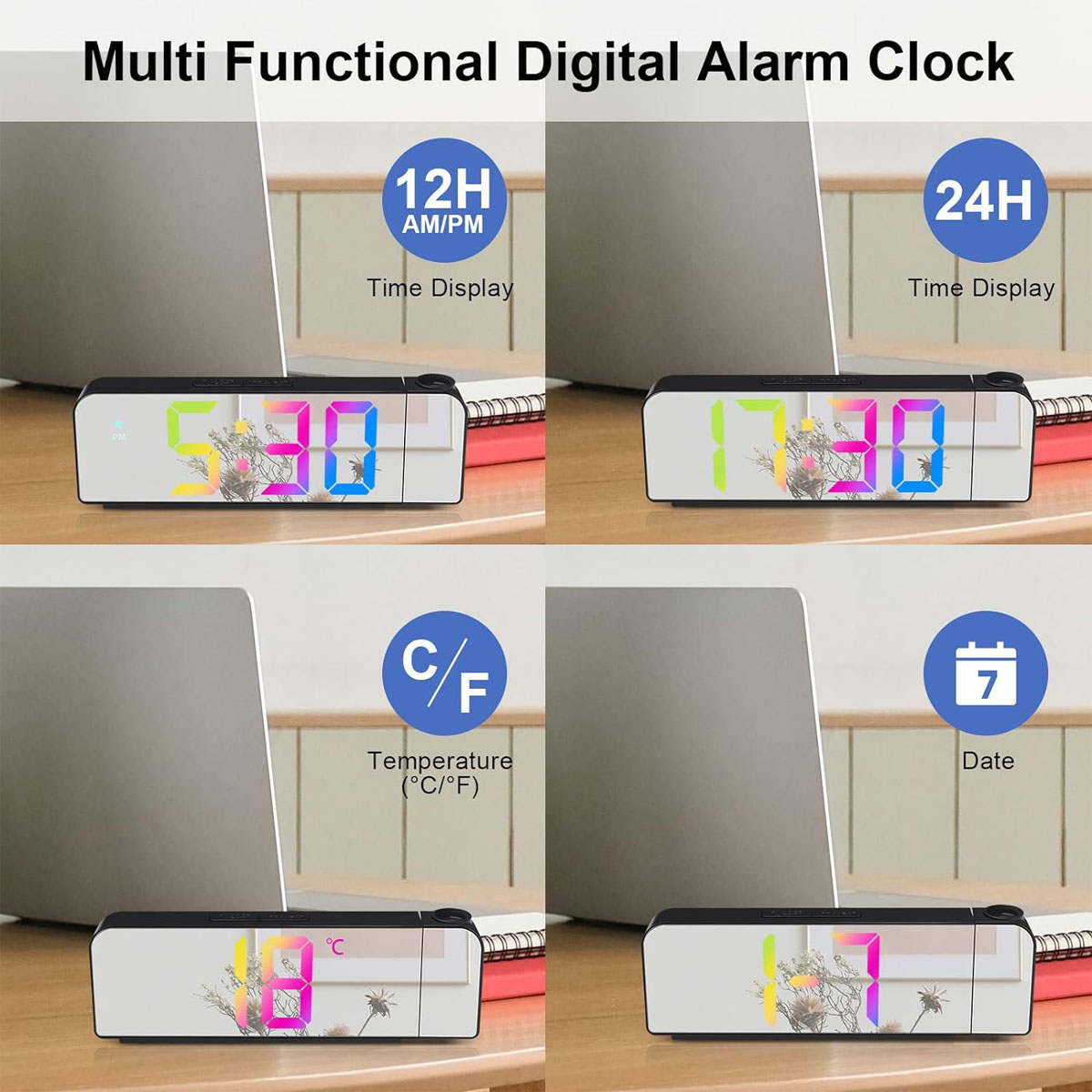 Ein digitaler Wecker zeigt Zeit, Temperatur und Datum an. Die Uhr steht auf einer Holzoberfläche.