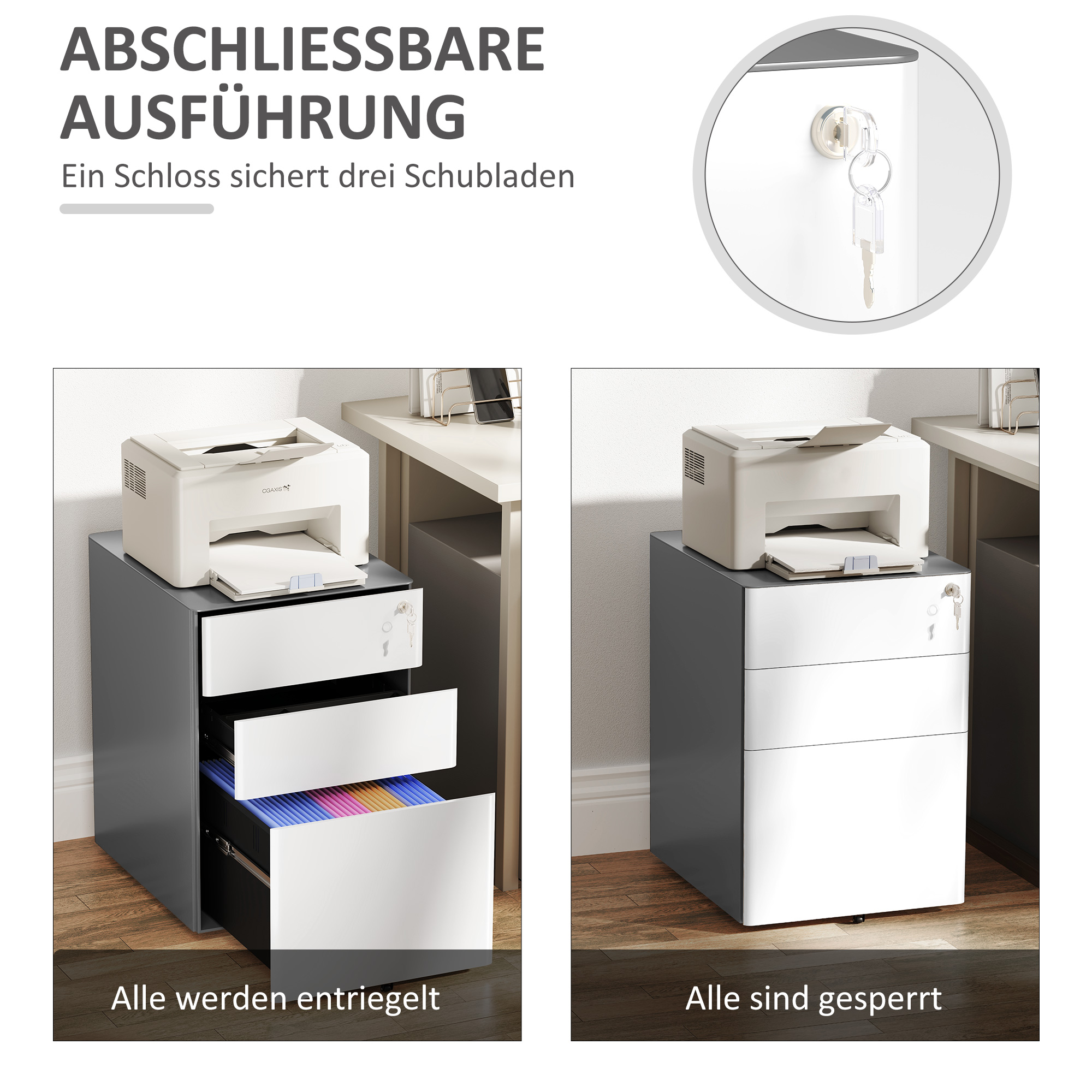 Weiß-grauer Büroschrank mit Schubladen, eine offen. Drucker oben, Schlüssel am Schloss.