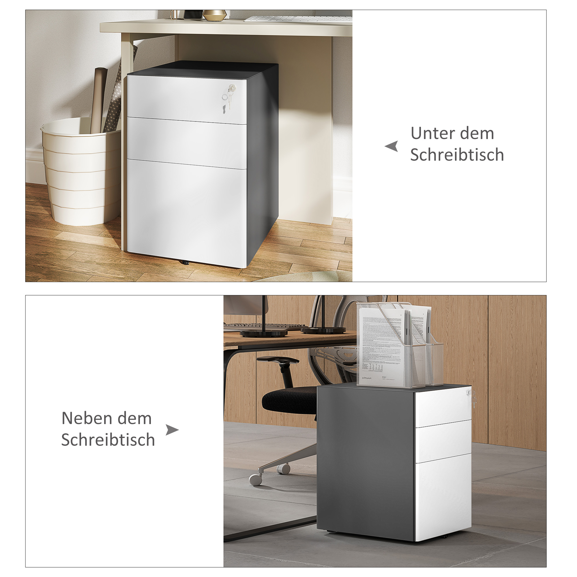 Büroschubladenset, weiß und grau, unter und neben einem Schreibtisch. Ein Papierkorb und Papiere sind ebenfalls sichtbar.