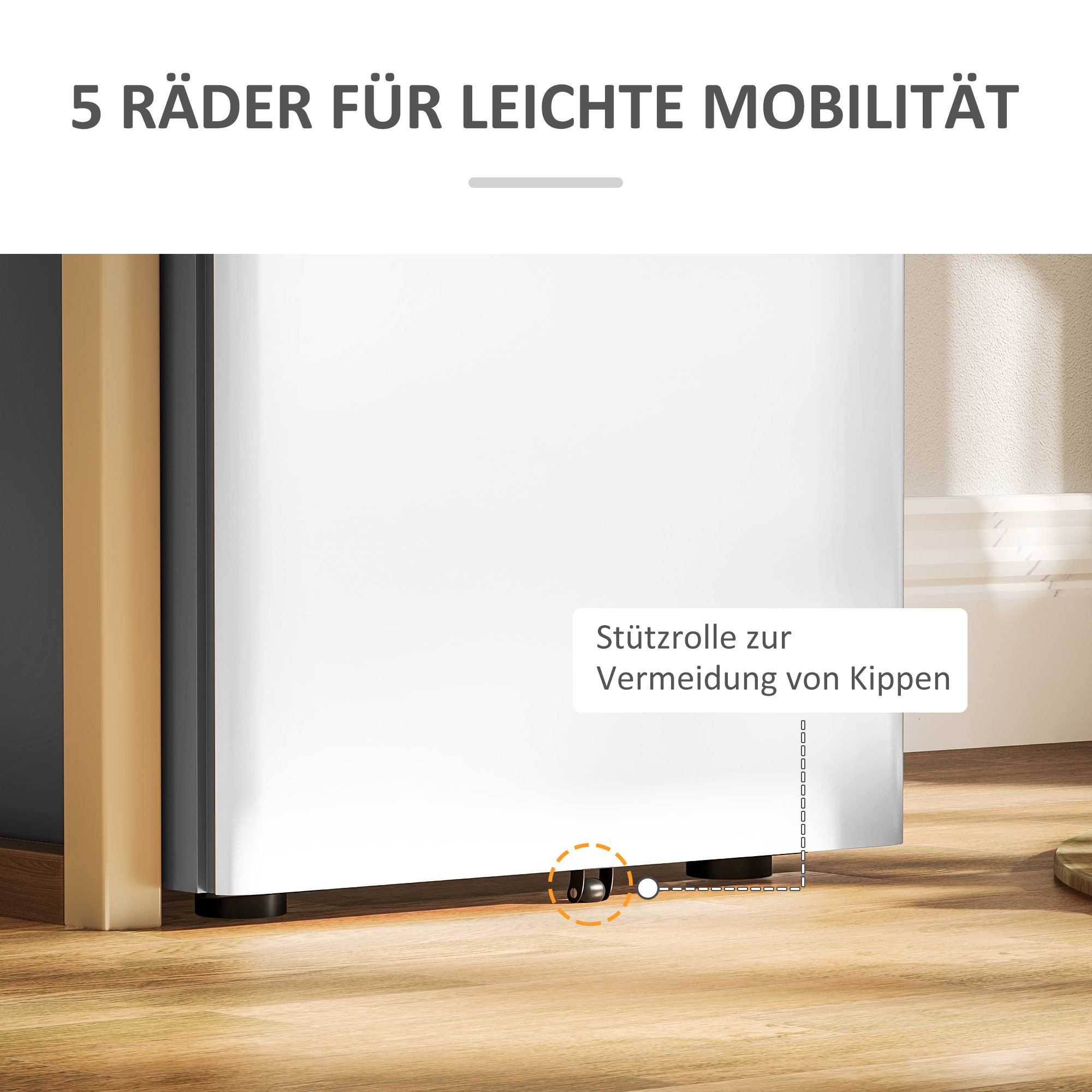 Nahaufnahme eines weißen und goldenen Schrankfußes mit fünf Rädern.