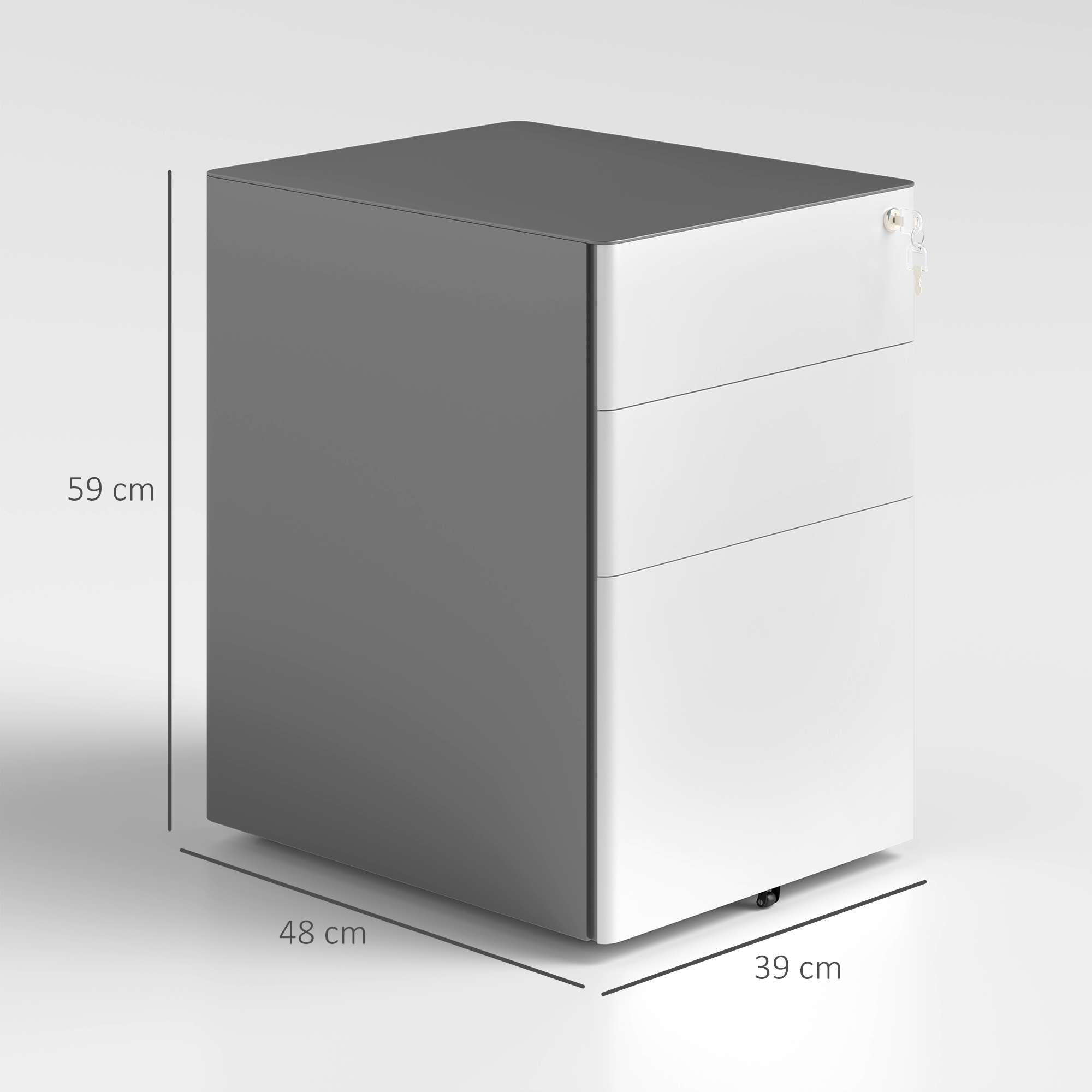 Ein grau-weißer Büroschrank mit drei Schubladen. Er ist 59 cm hoch, 48 cm breit und 39 cm tief.