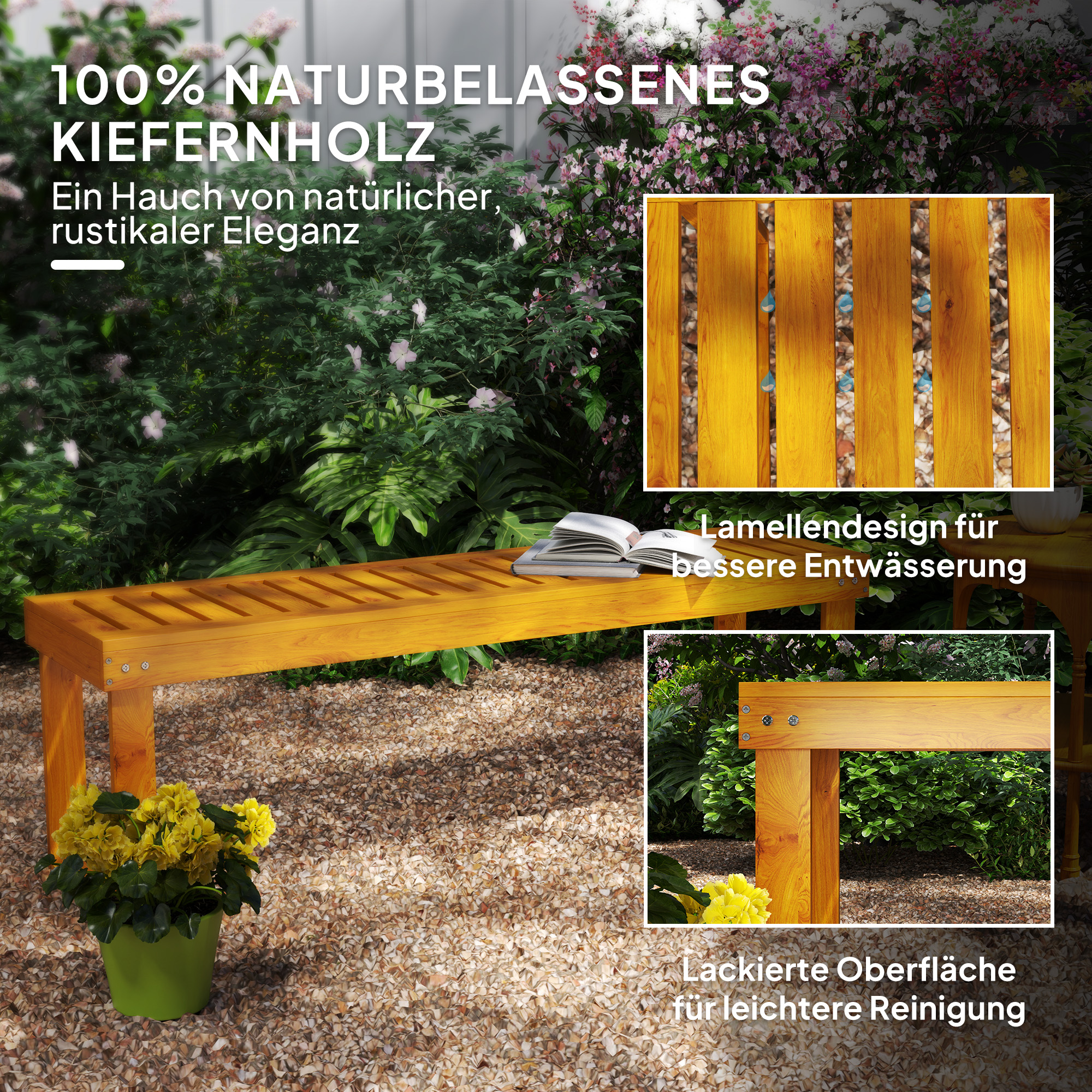 Holzbank, gelbe Blumen, Kies. Einsätze: Holzdetail, Banklatten.