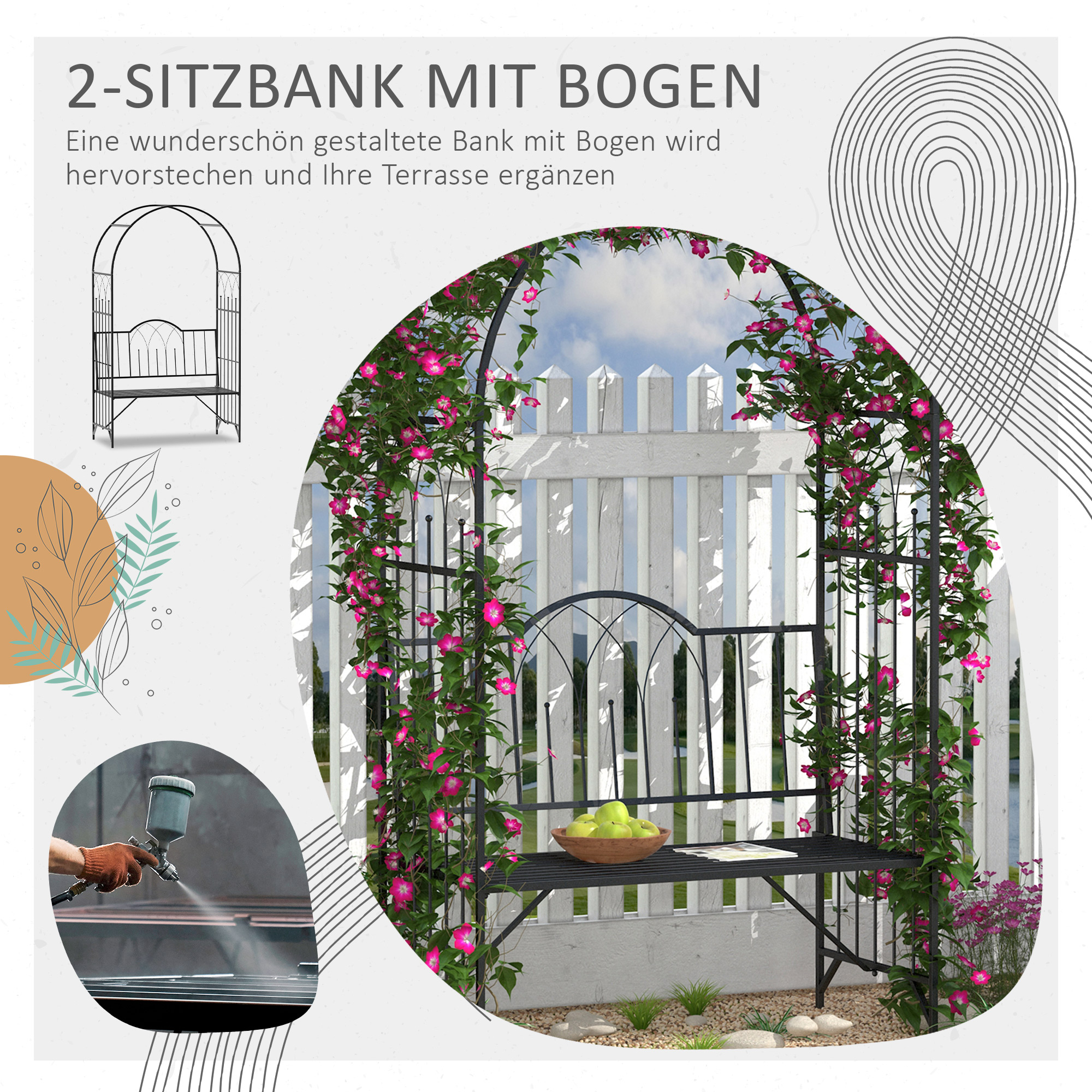 Outdoor-Bank mit gewölbtem Rücken, umgeben von Blumen, einem weißen Zaun und einem Sprüher.