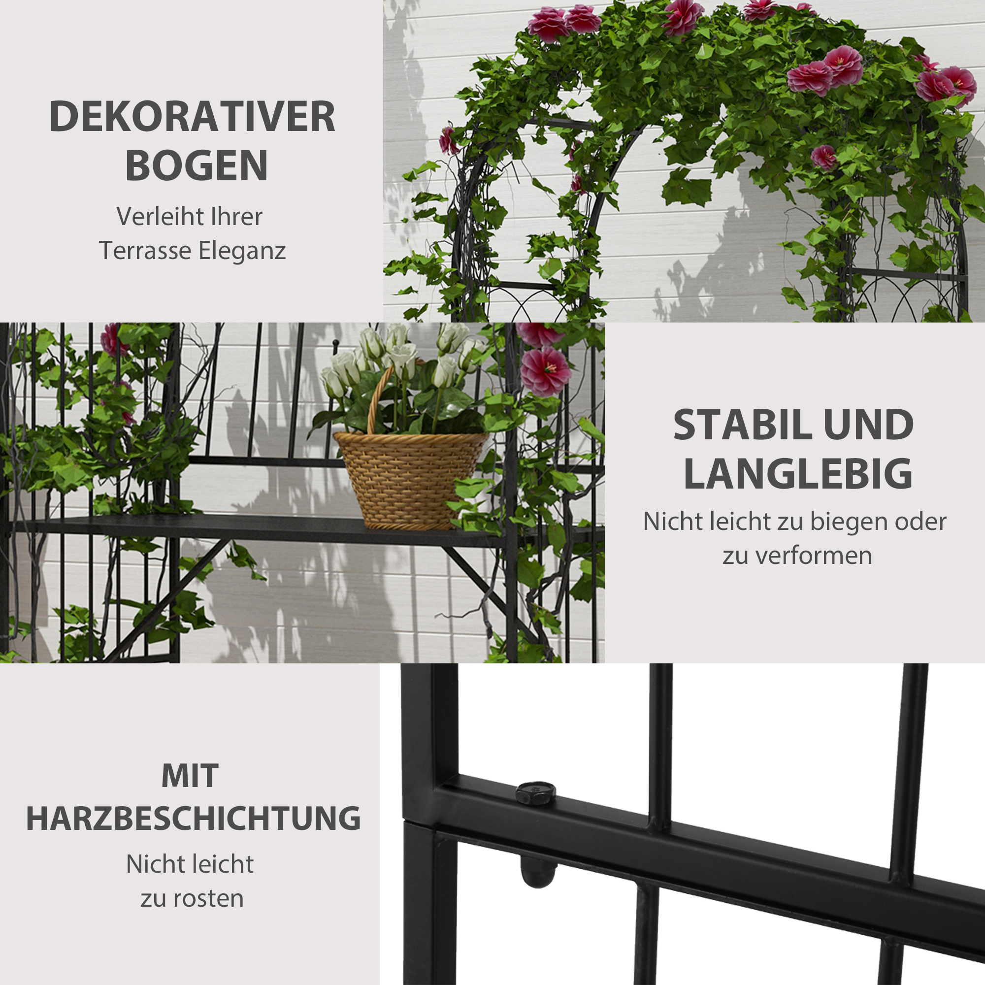 Schwarzer Torbogen mit Pflanzen. Ein Korb mit Blumen und eine Nahaufnahme der Struktur.