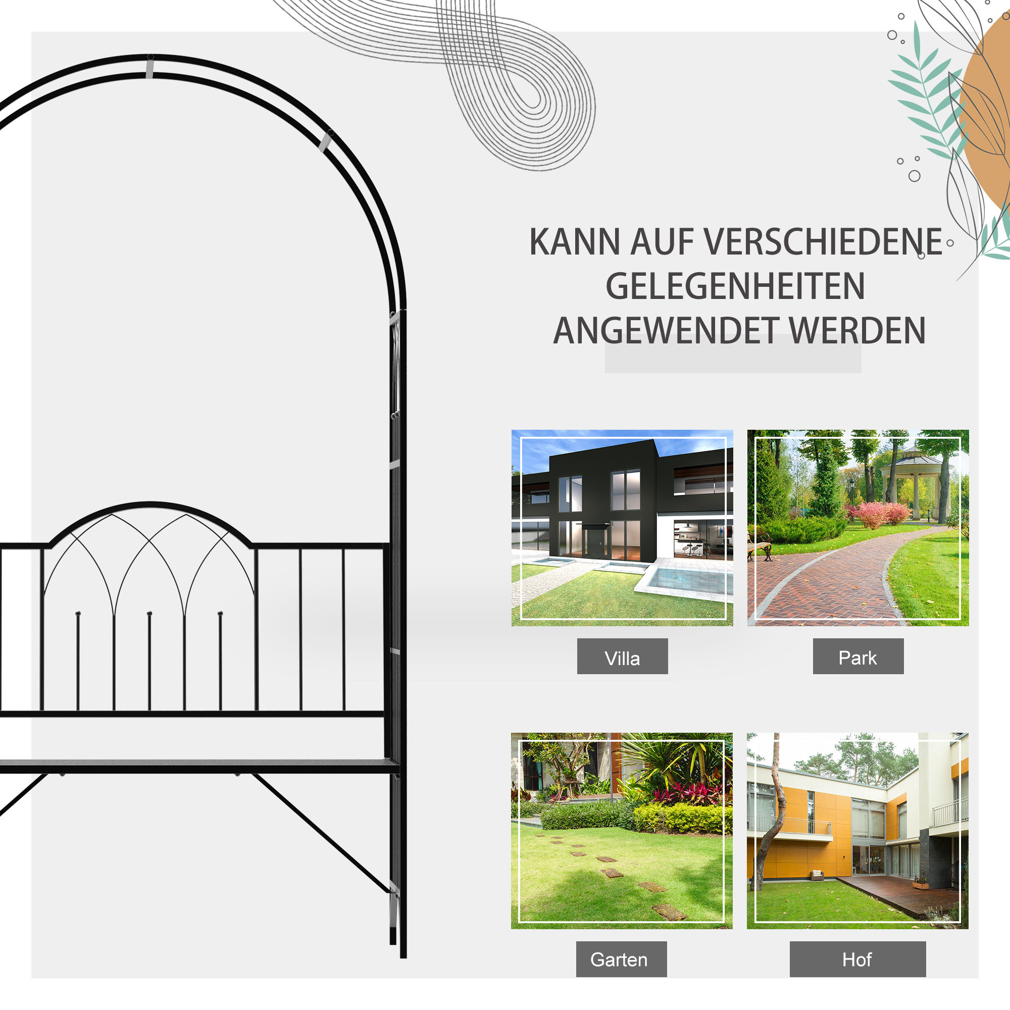 Schwarzer Metallgartenbogen mit Beispielen seiner Verwendung in einer Villa, einem Park, einem Garten und einem Hof.