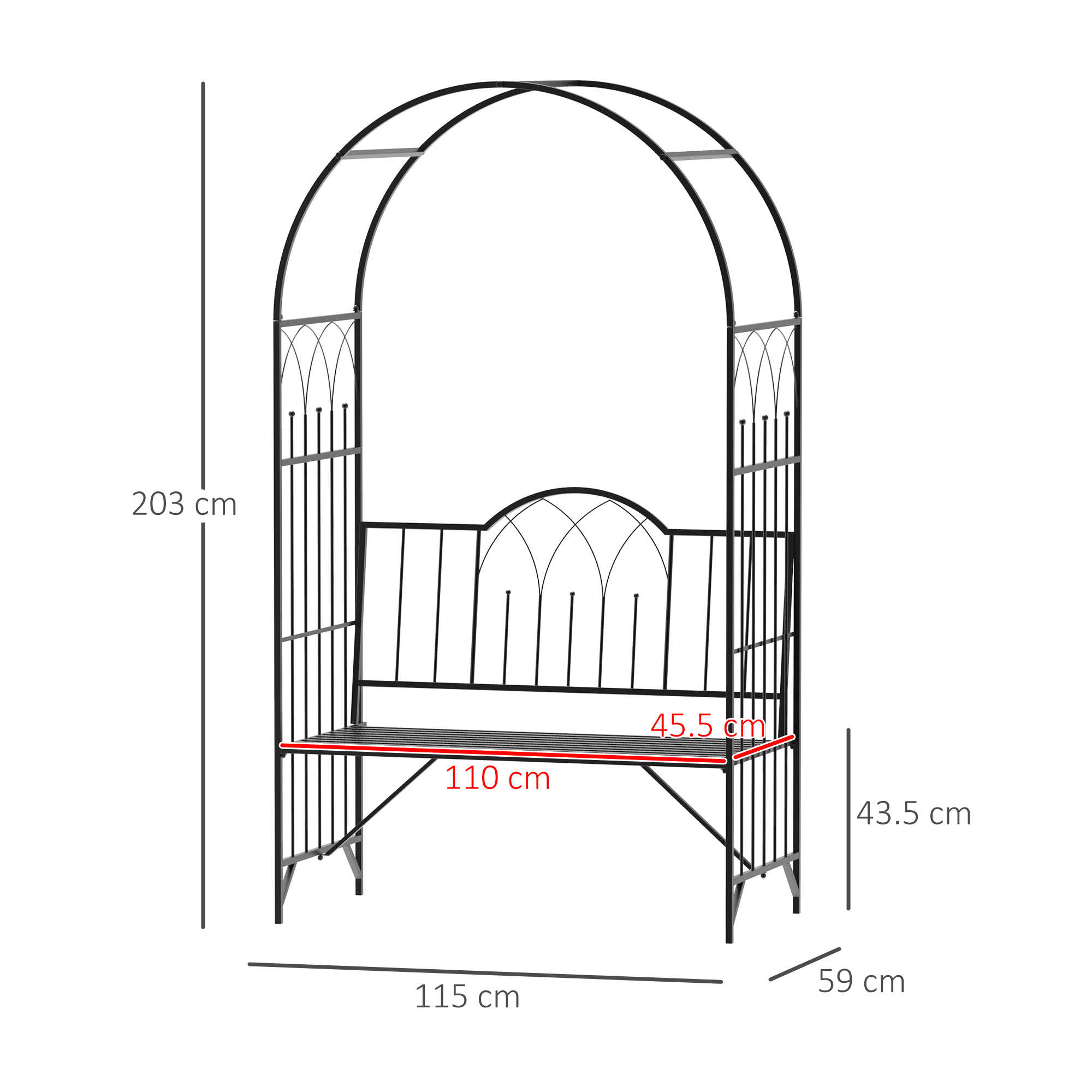Schwarze Metall-Gartenbank mit gewölbter Oberseite, Abmessungen: 203 cm, 115 cm, 59 cm und 43,5 cm.