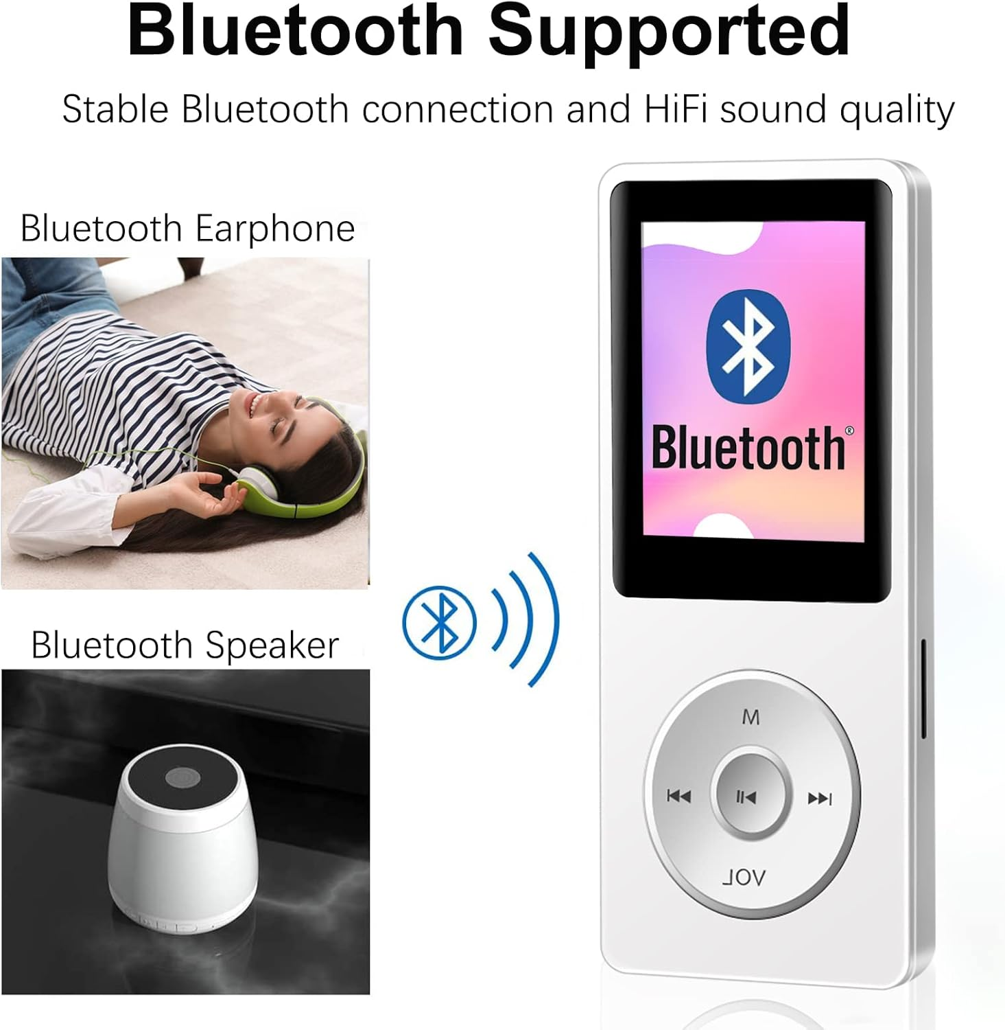 Weißer MP3-Player mit Bildschirm, Bluetooth-Lautsprecher und Kopfhörern, Text-Overlay: Bluetooth unterstützt.