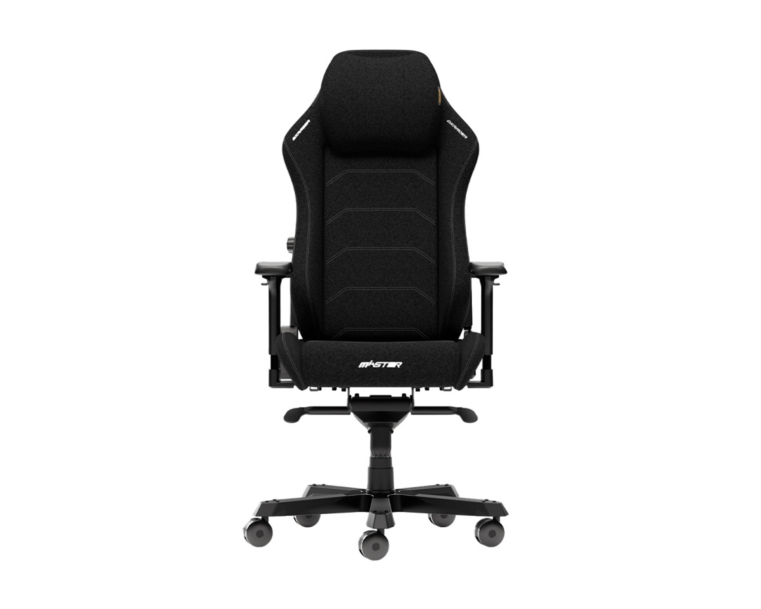 Schwarzer Gaming-Stuhl mit hoher Rückenlehne, Kopfstütze und Armlehnen, auf schwarzem Untergestell mit Rollen. Weißer Hintergrund.