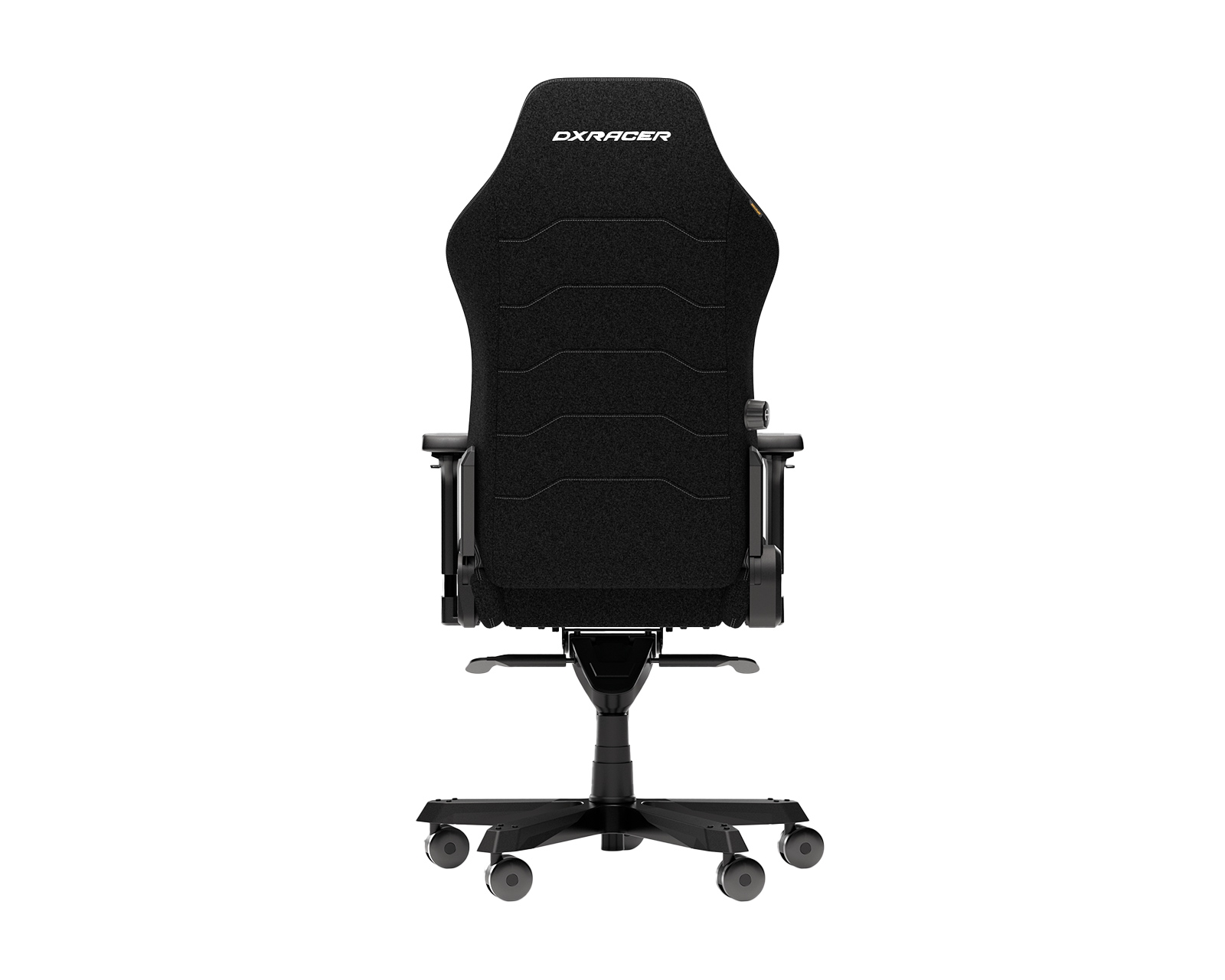 Schwarzer Gaming-Stuhlrücken. Schwarze Nähte und DXRAcer-Logo oben.