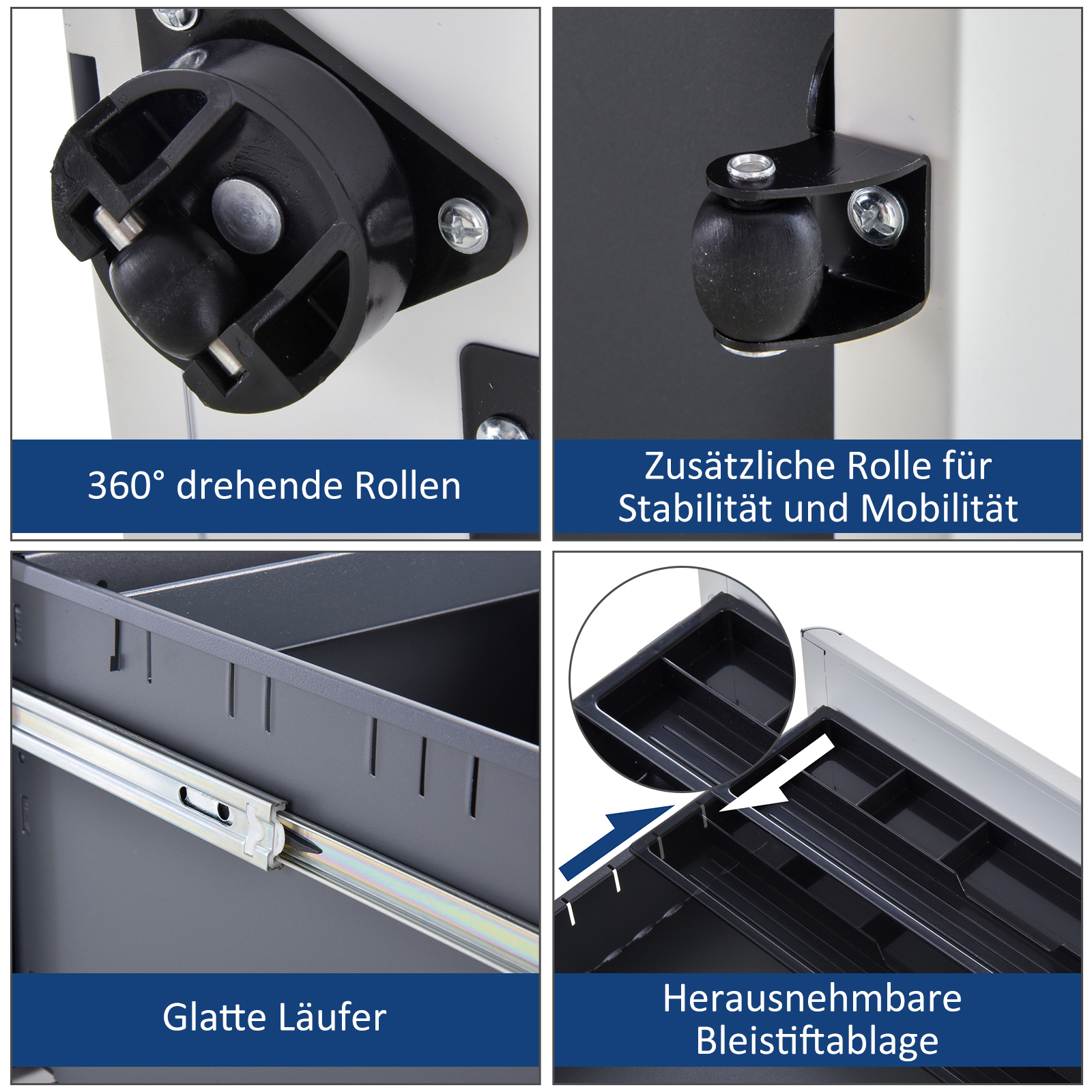 Details eines Schranks: Rollen, Schubladenführungen und Stifthalter.