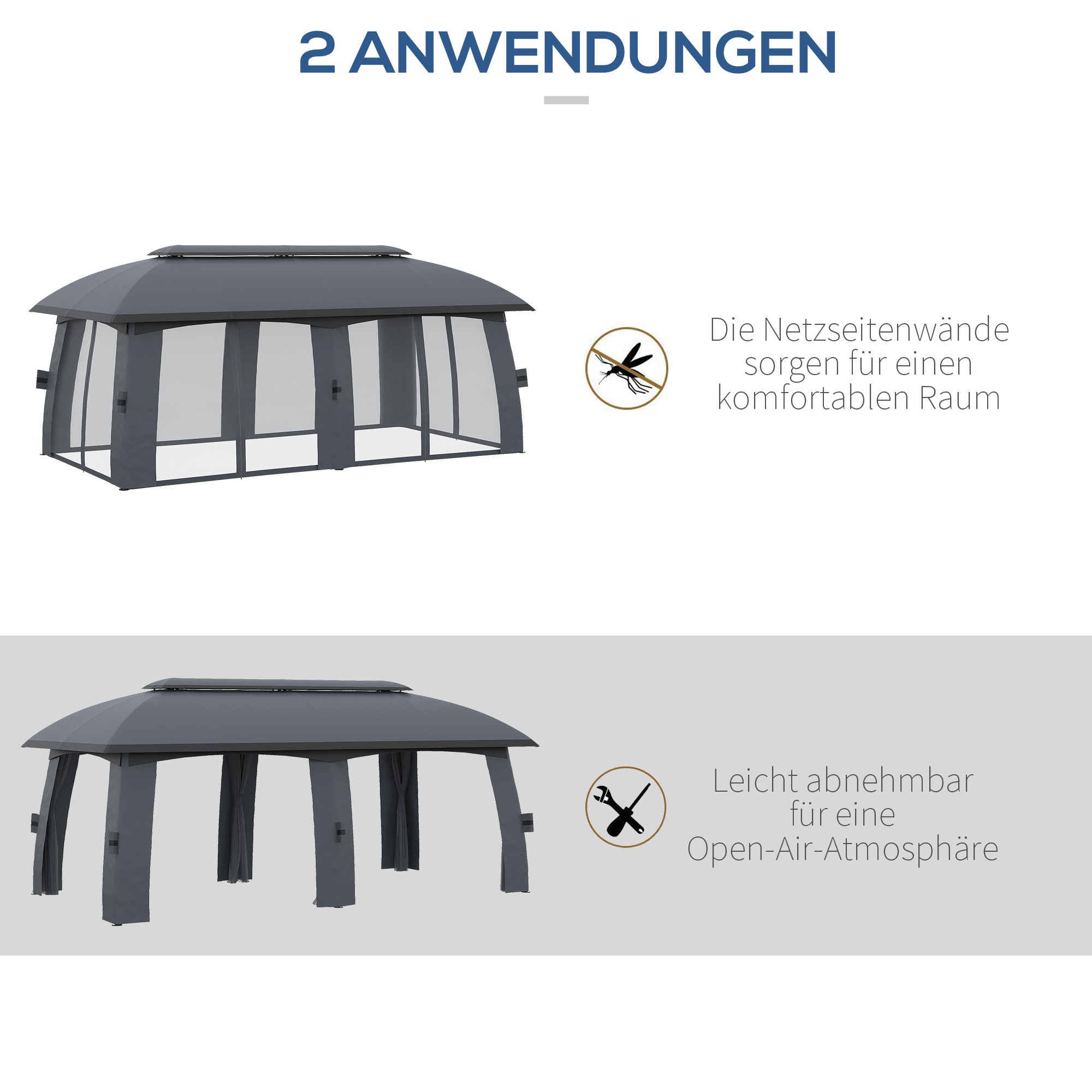 Zwei Pavillons, einer mit Netzseiten. Der andere hat abnehmbare Seiten. Beide grau mit dunklem Dach.