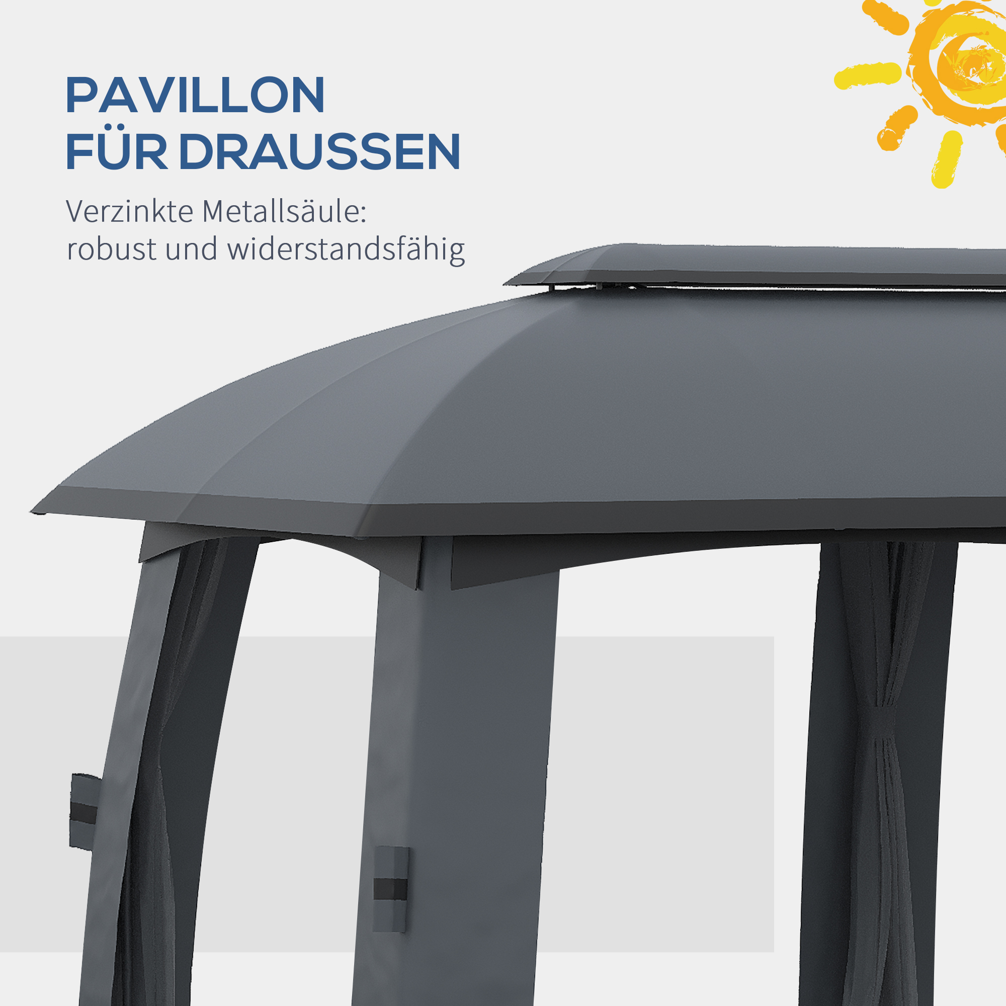 Ein grauer Pavillon. Es hat ein dunkelgraues Dach mit Vorhängen. Text: Pavillon für draußen.