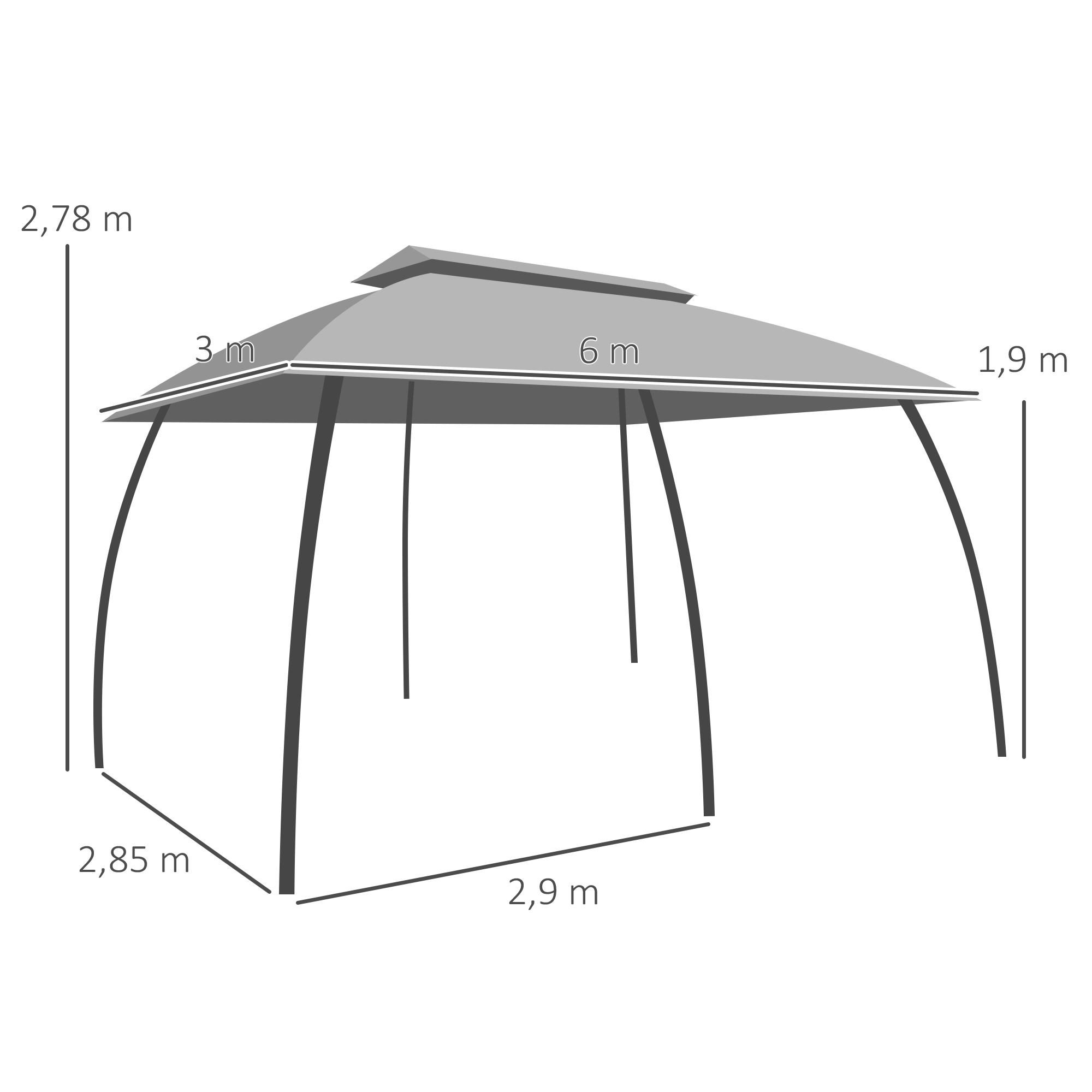 Ein Pavillon mit beschrifteten Abmessungen. Der Rahmen ist schwarz und das Dach grau.