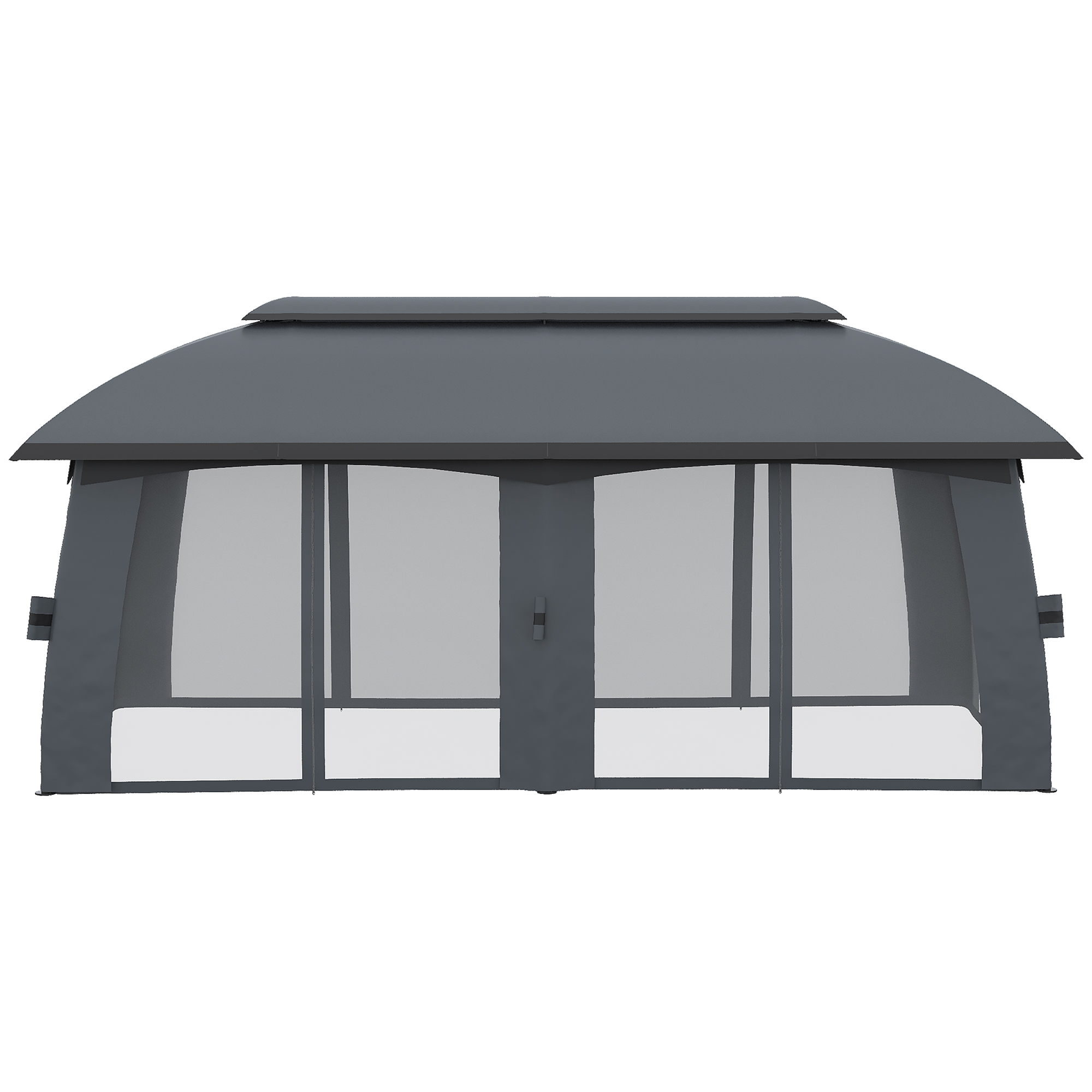 Grauer Pavillon mit Netzseiten und geschwungenem Dach, isoliert auf Weiß.
