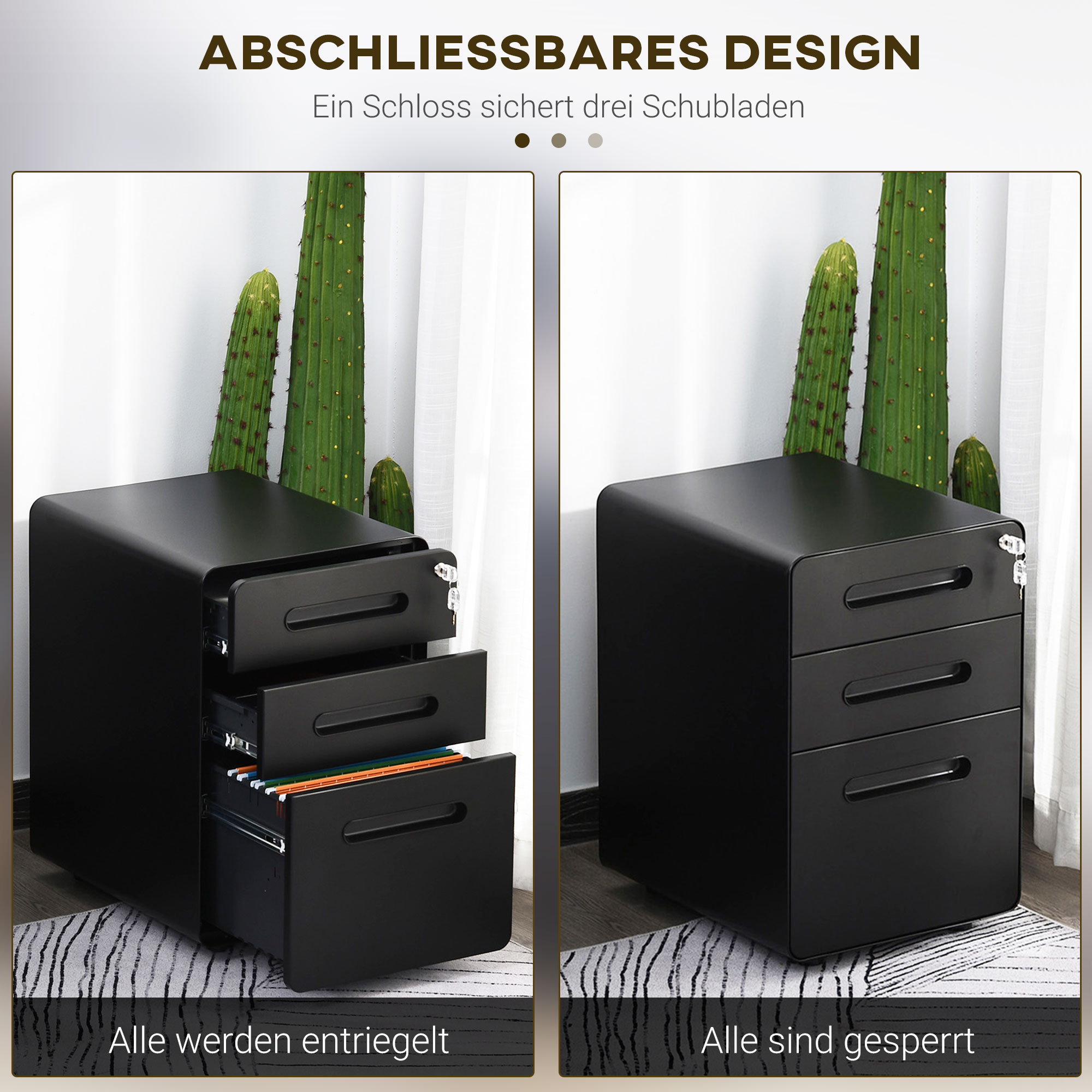 Zwei Bilder eines schwarzen Schranks mit Schubladen. Eines zeigt offene, das andere geschlossene Schubladen.