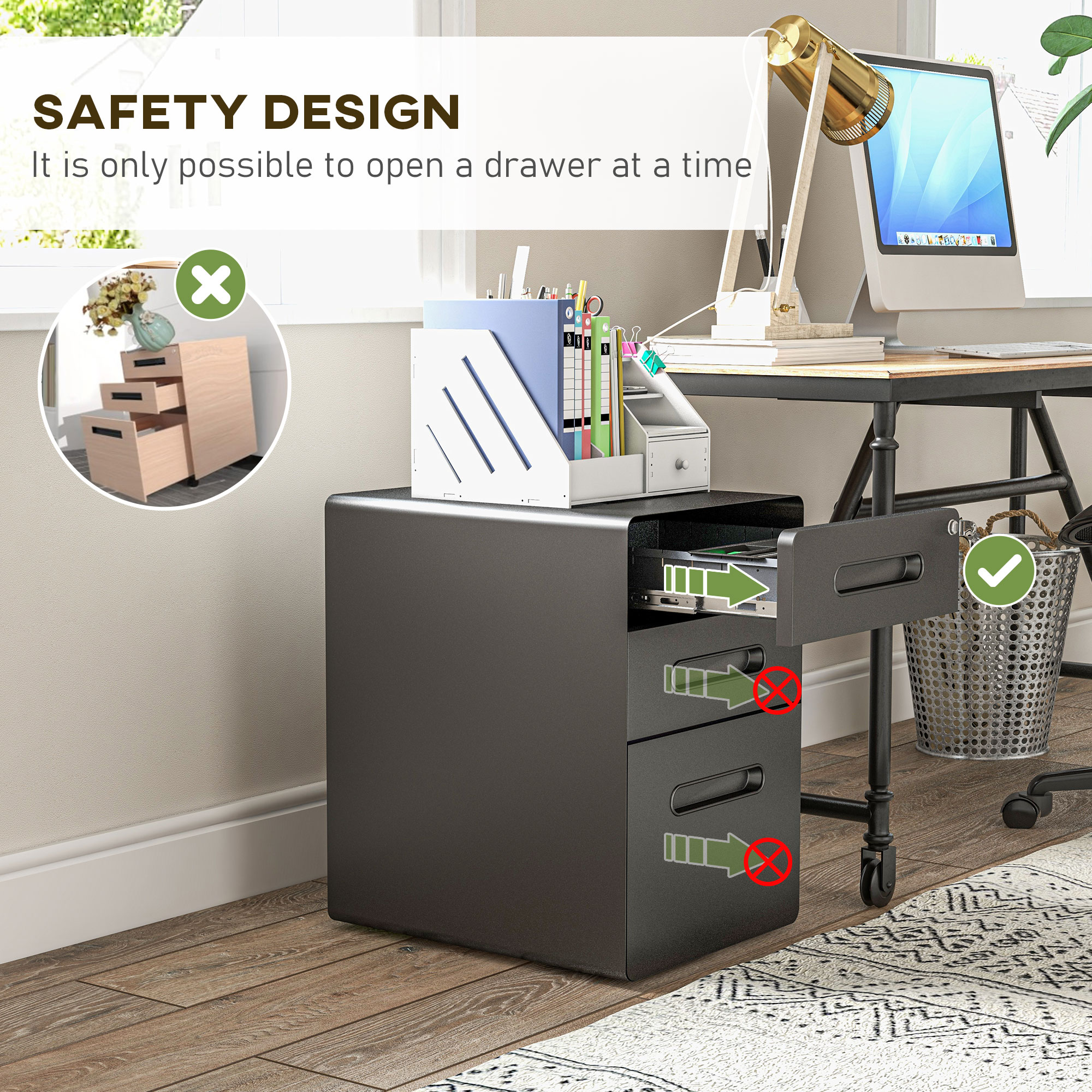 Schwarzer Büroschrank mit Schubladen. Der Text auf dem Bild weist auf Sicherheitsdesign hin.
