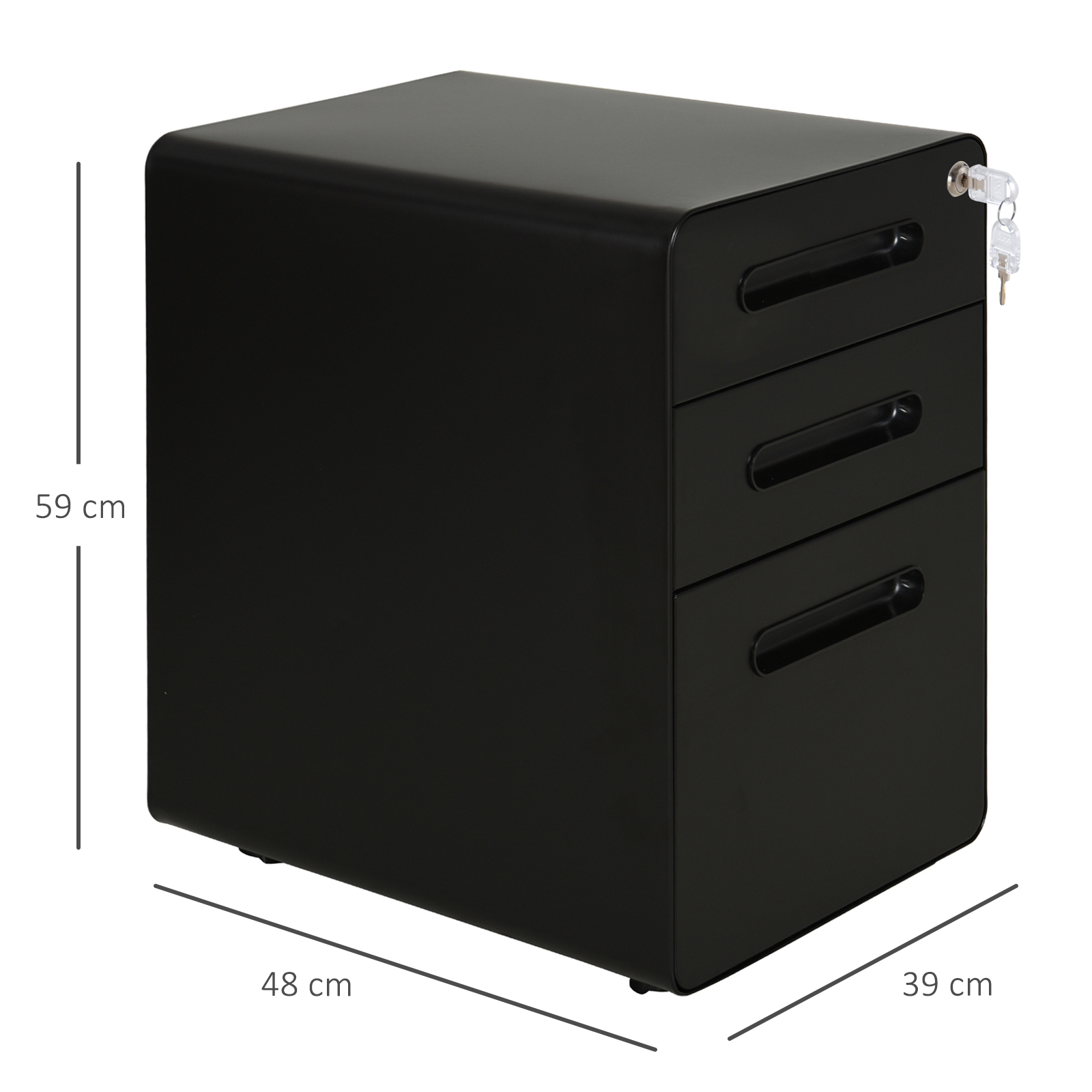 Schwarzer Metallschrank mit drei Schubladen, Abmessungen: 59 cm, 48 cm, und 39 cm.