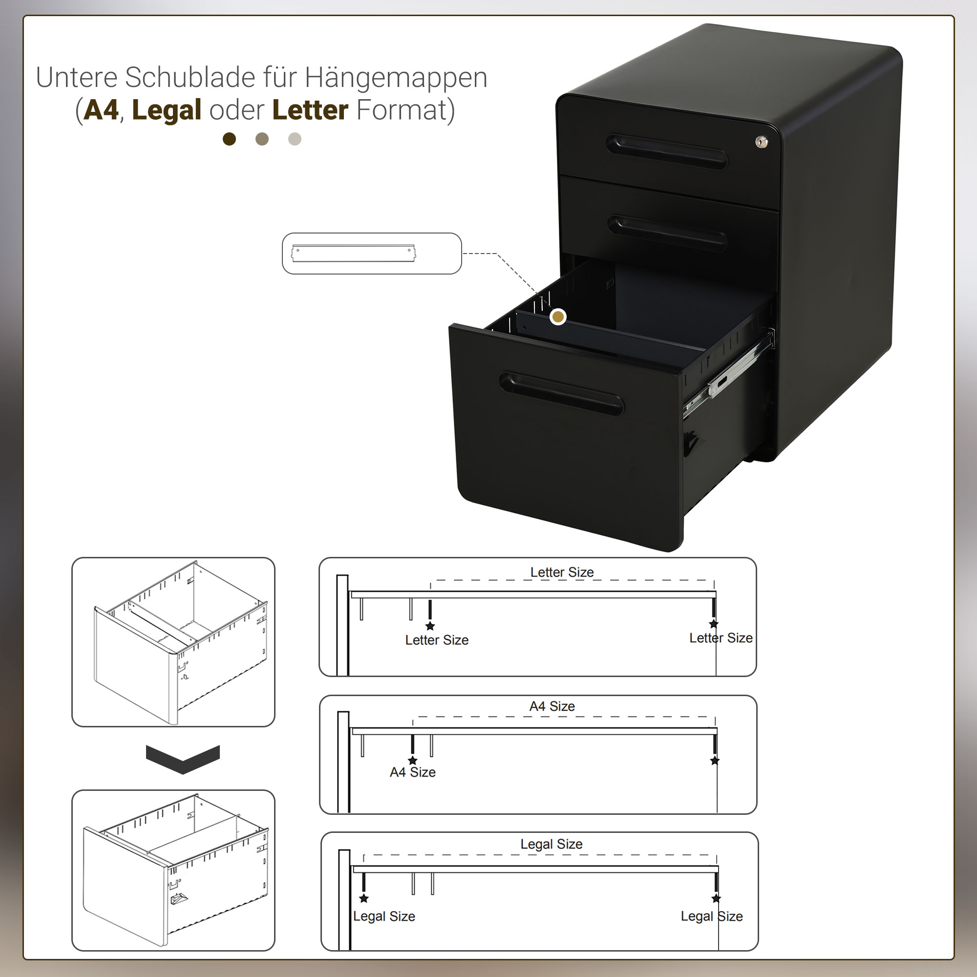 Ein schwarzer Aktenschrank mit drei Schubladen und Diagrammen, die Schubladengrößen für verschiedene Papierformate zeigen.