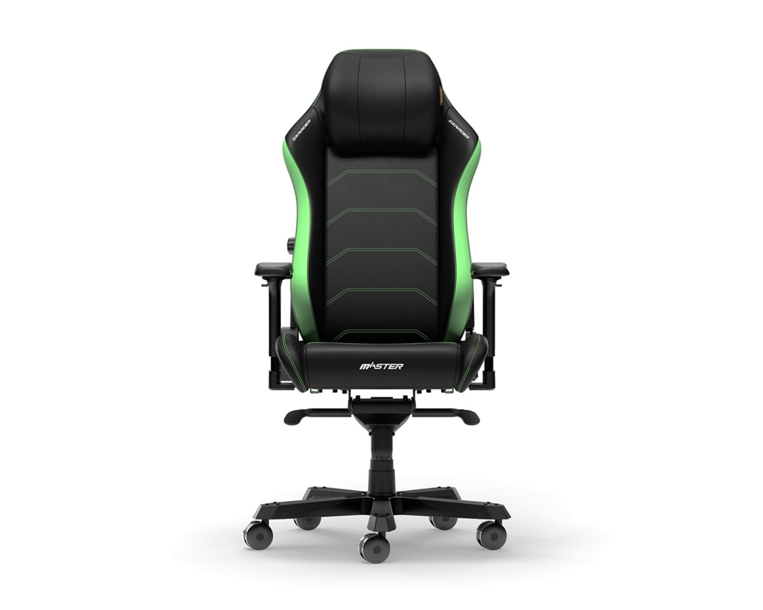 Schwarzer und grüner Gaming-Stuhl. Mit Kopf- und Lendenstütze und Armlehnen.