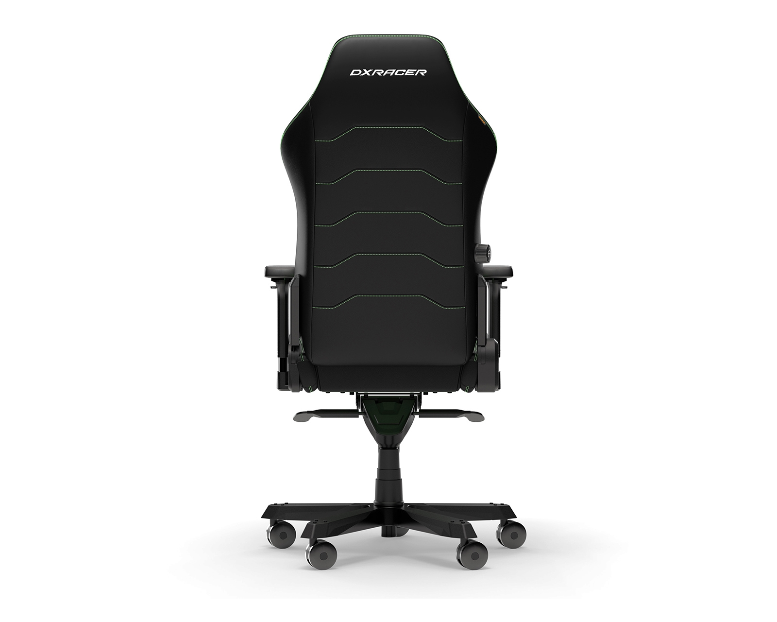 Schwarzer und grüner DX RACER Gaming-Stuhl, Rückansicht, weißer Hintergrund.