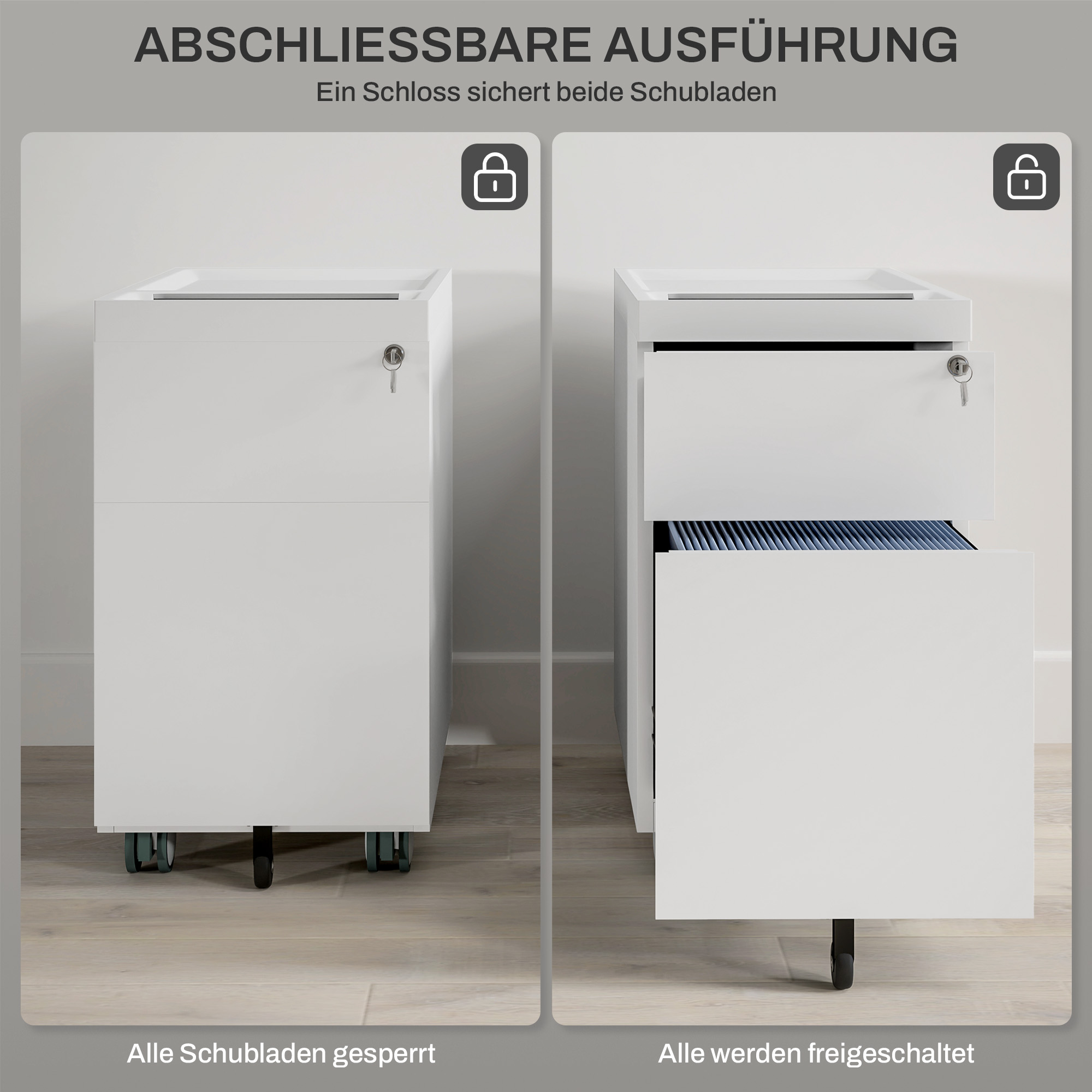 Weißer Büroschrank, geschlossen und dann offen. Schloss sichert beide Schubladen. Eine Schublade ist offen.