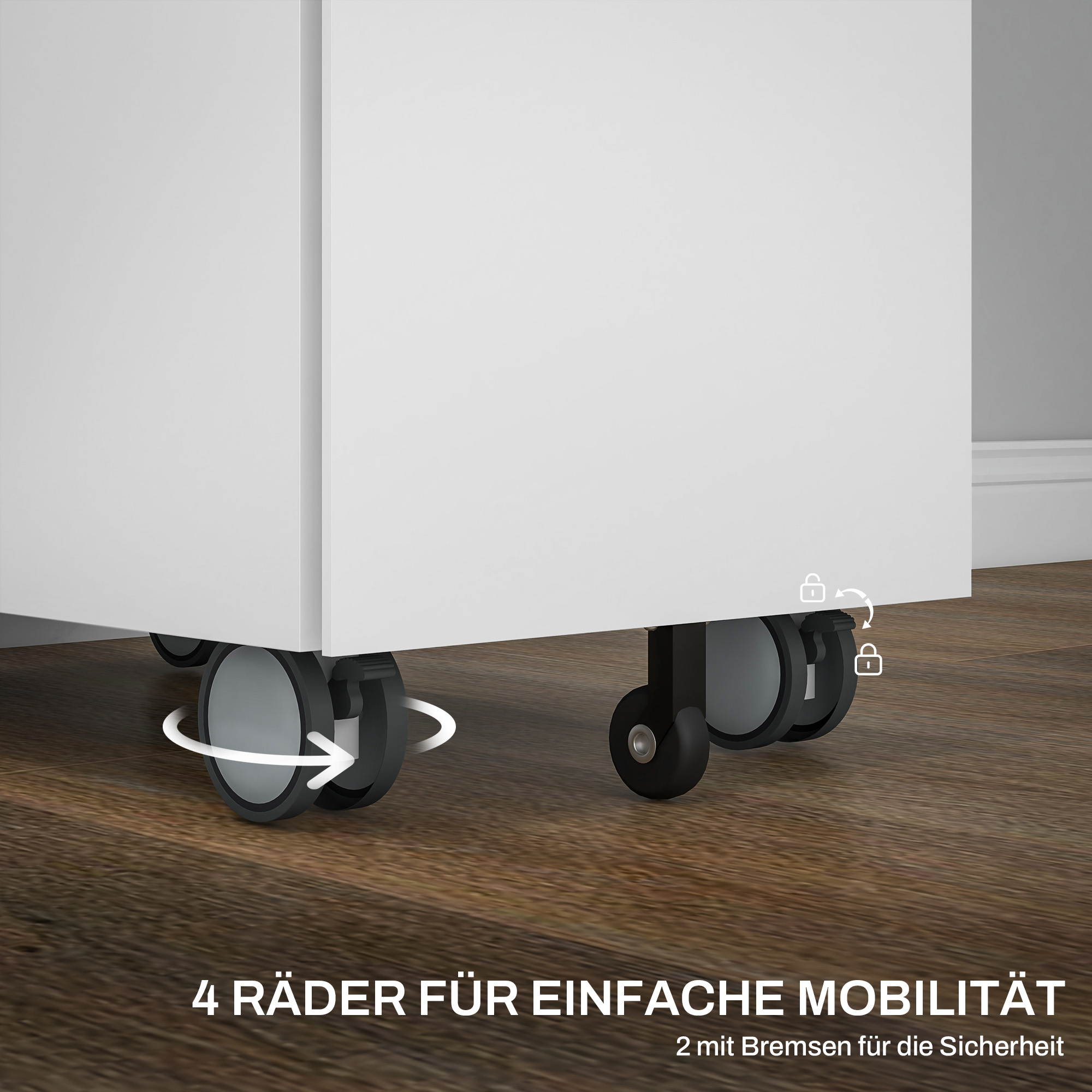 Weißer Schrank mit vier schwarzen Rädern, zwei mit Bremsen, auf Holzboden. Pfeile zeigen Radbewegungen.