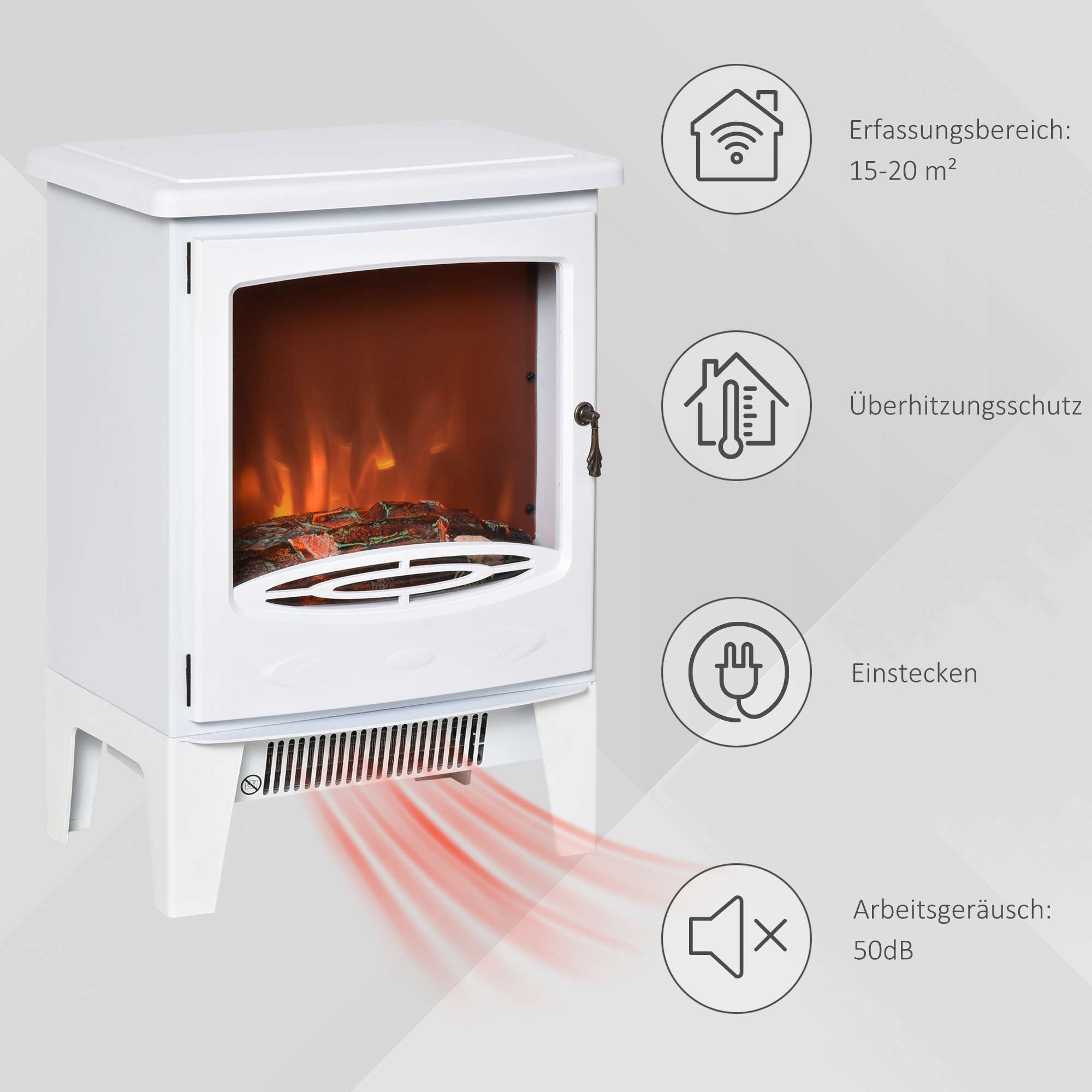 Weißer elektrischer Kamin mit roten Flammen, verschiedene Informationssymbole drumherum.