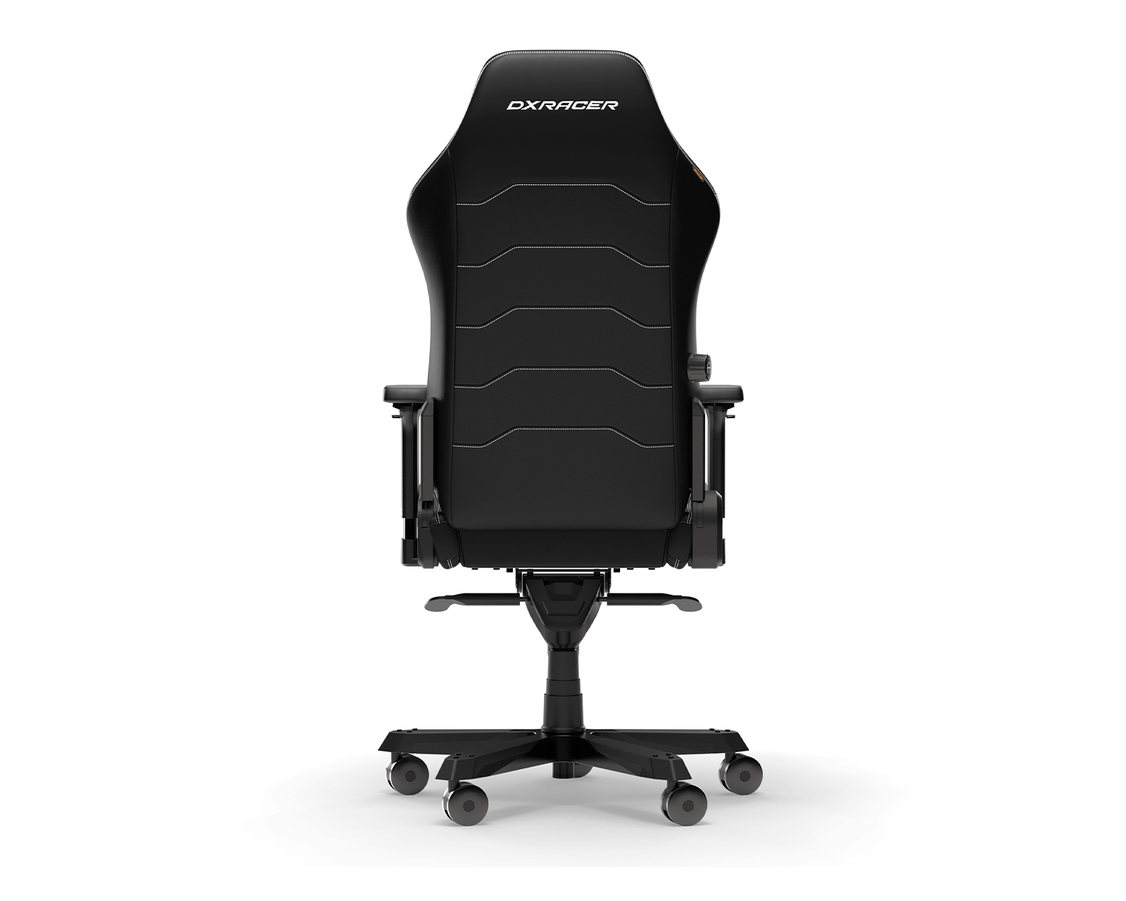 Die Rückseite eines schwarzen und grauen ergonomischen Gaming-Stuhls mit dem DXRAcer-Logo.