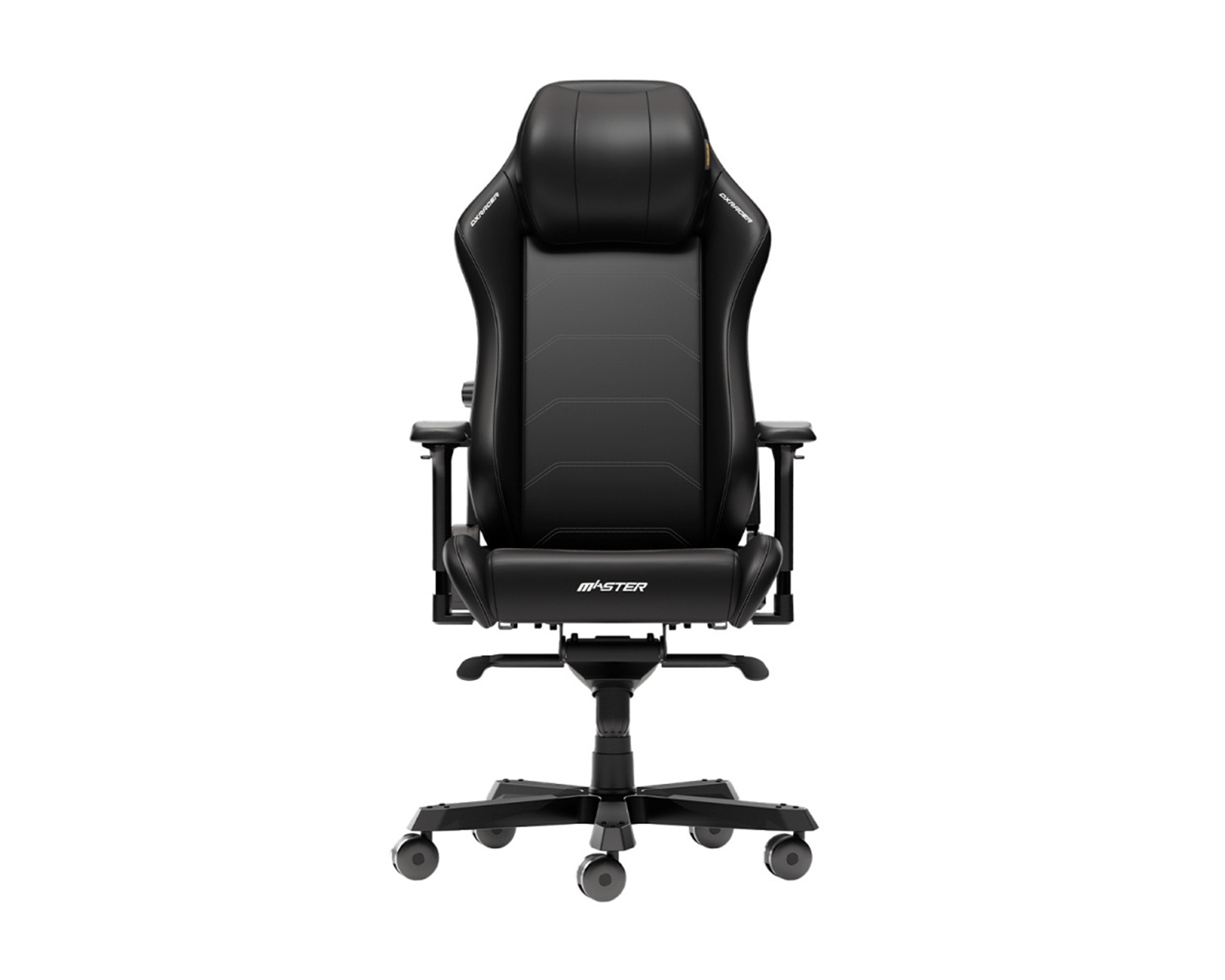Schwarzer Gaming-Stuhl. Er hat eine hohe Rückenlehne und ist aus Leder, mit einem Gestell mit fünf Rädern.
