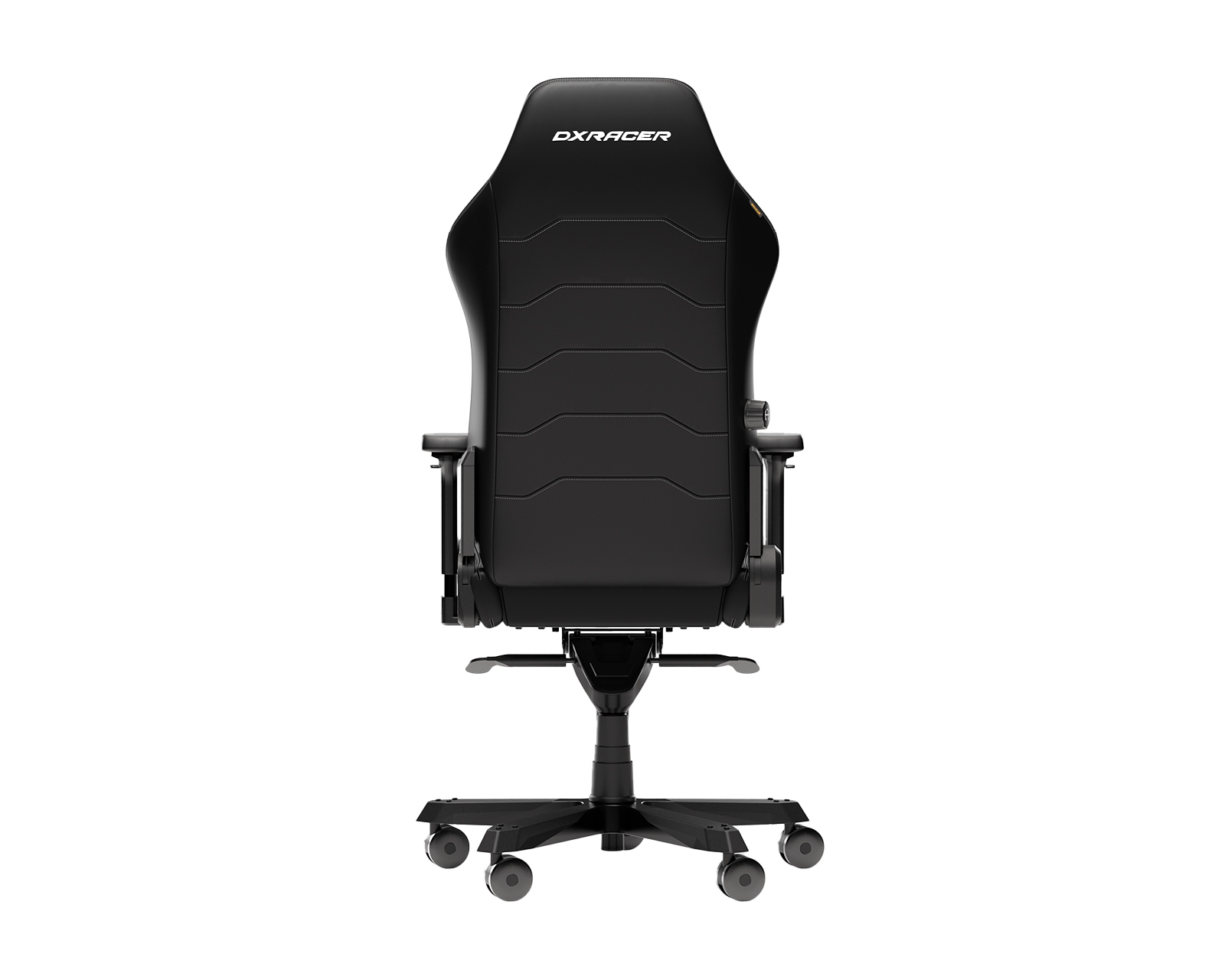 Schwarzer Gaming-Stuhl von hinten. Der Stuhl hat ein DXRACER-Logo oben.