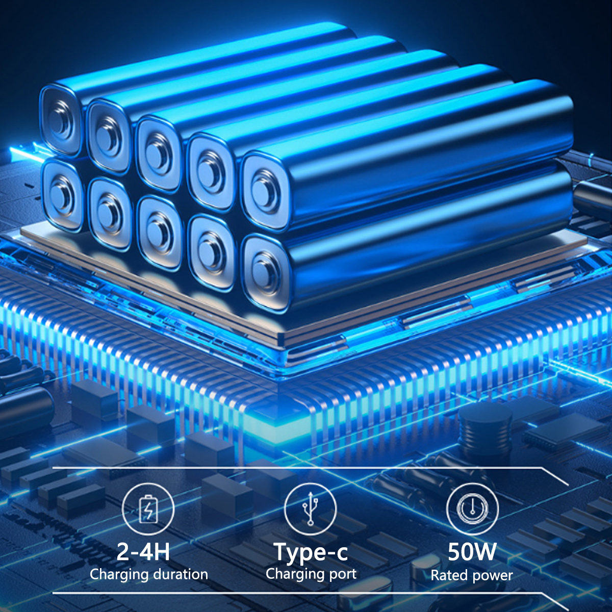 Anordnung blauer Batterien auf einer Leiterplatte mit Ladeinformationen und Port-Symbolen.