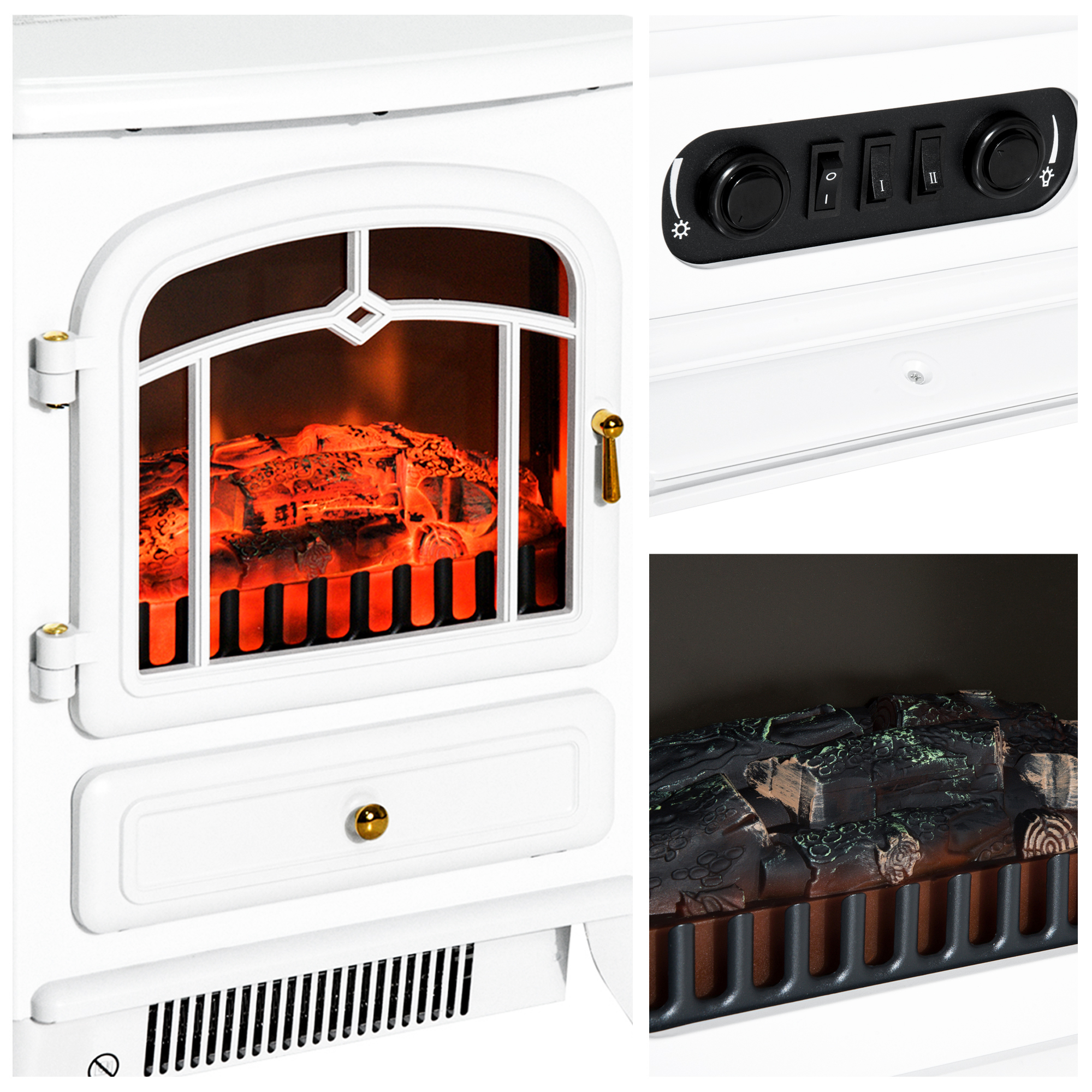 Weißer Kamin mit glühenden Scheinholzscheiten. Bedienelemente oben. Details des Inneren und der Bedienelemente.