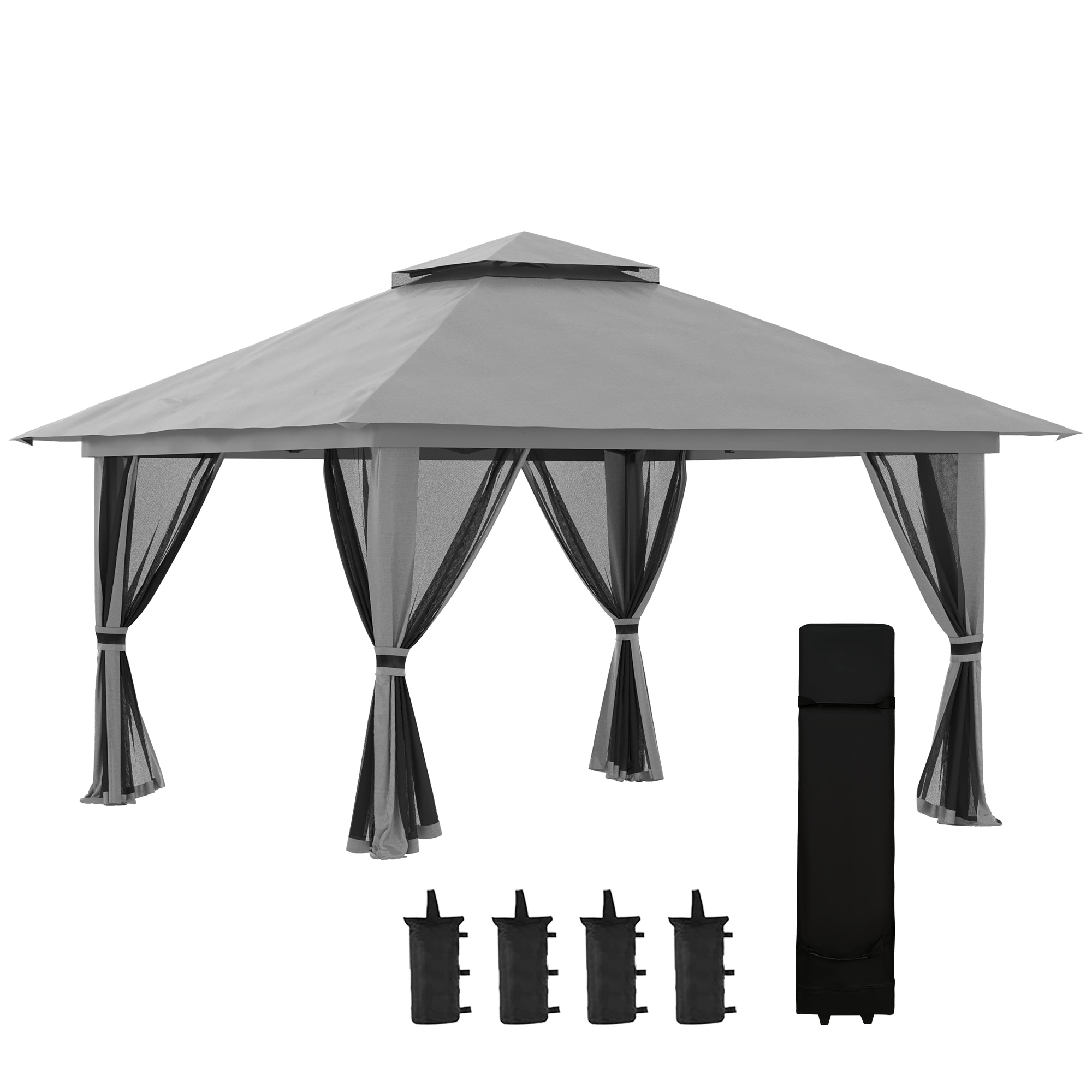 Grauer Pavillon mit schwarzen Vorhängen. Es hat ein graues Dach und steht auf weißem Grund.
