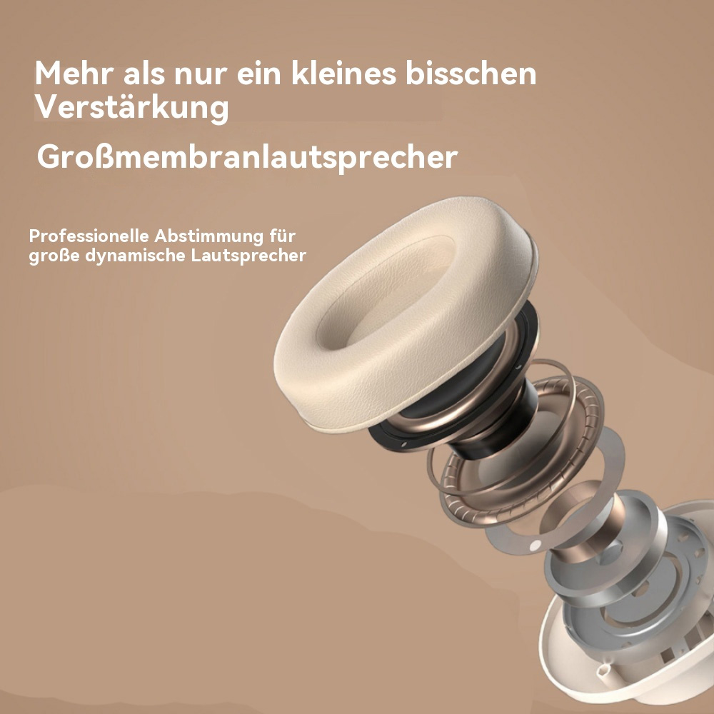 Nahaufnahme eines Kopfhörerlautsprechers mit Explosionsansicht seiner Komponenten.